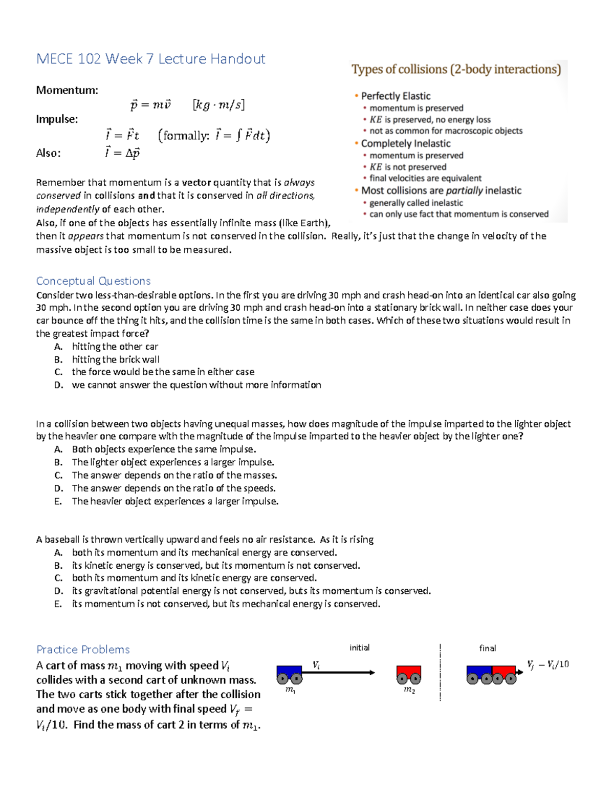 MECE 102 Lecture Week 7 Momentum and Impulse Handout - Studocu