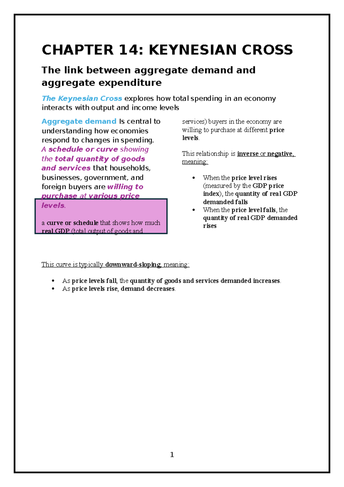 Chapter 14: Keynesian Cross & Aggregate Demand Analysis - Studocu