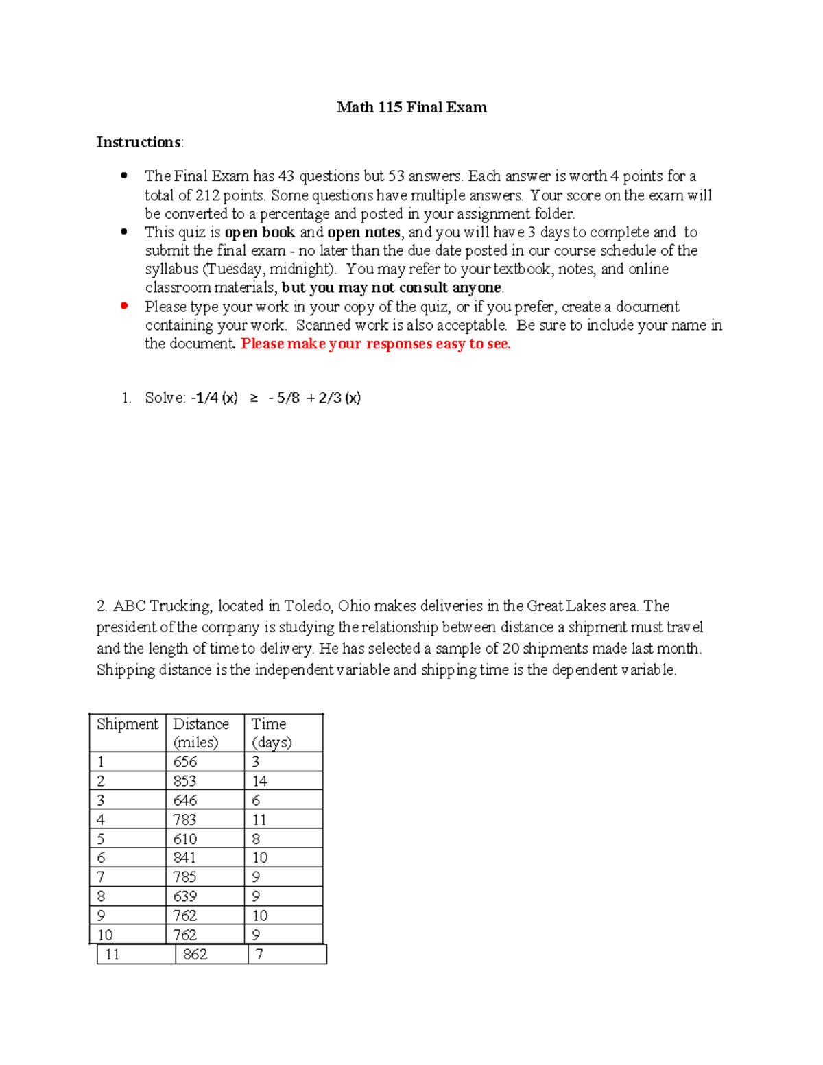 Math 115 Final Exam Guidelines and Problem Solving Instructions - Studocu