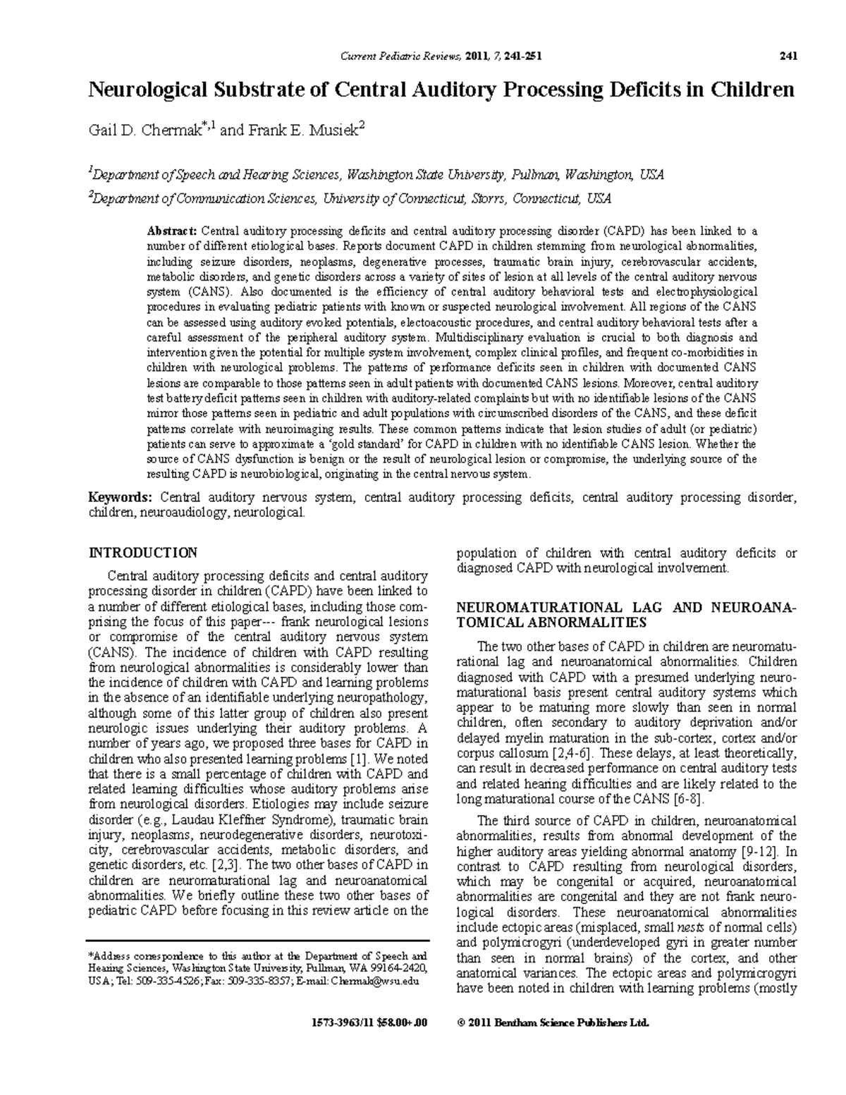Chermak & Musiek 2011: Neurological Substrate of CAPD in Children - Studocu