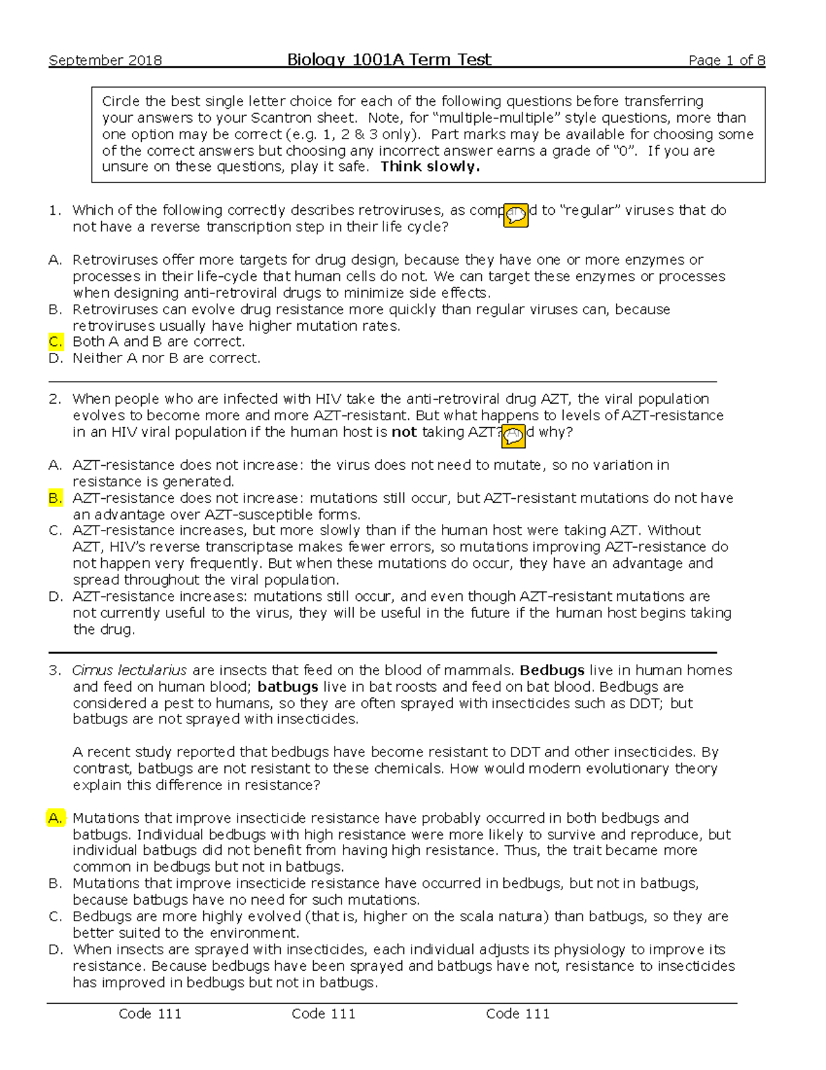Sep 2018 Biology 1001A Term Test 1 Answer Key - Studocu