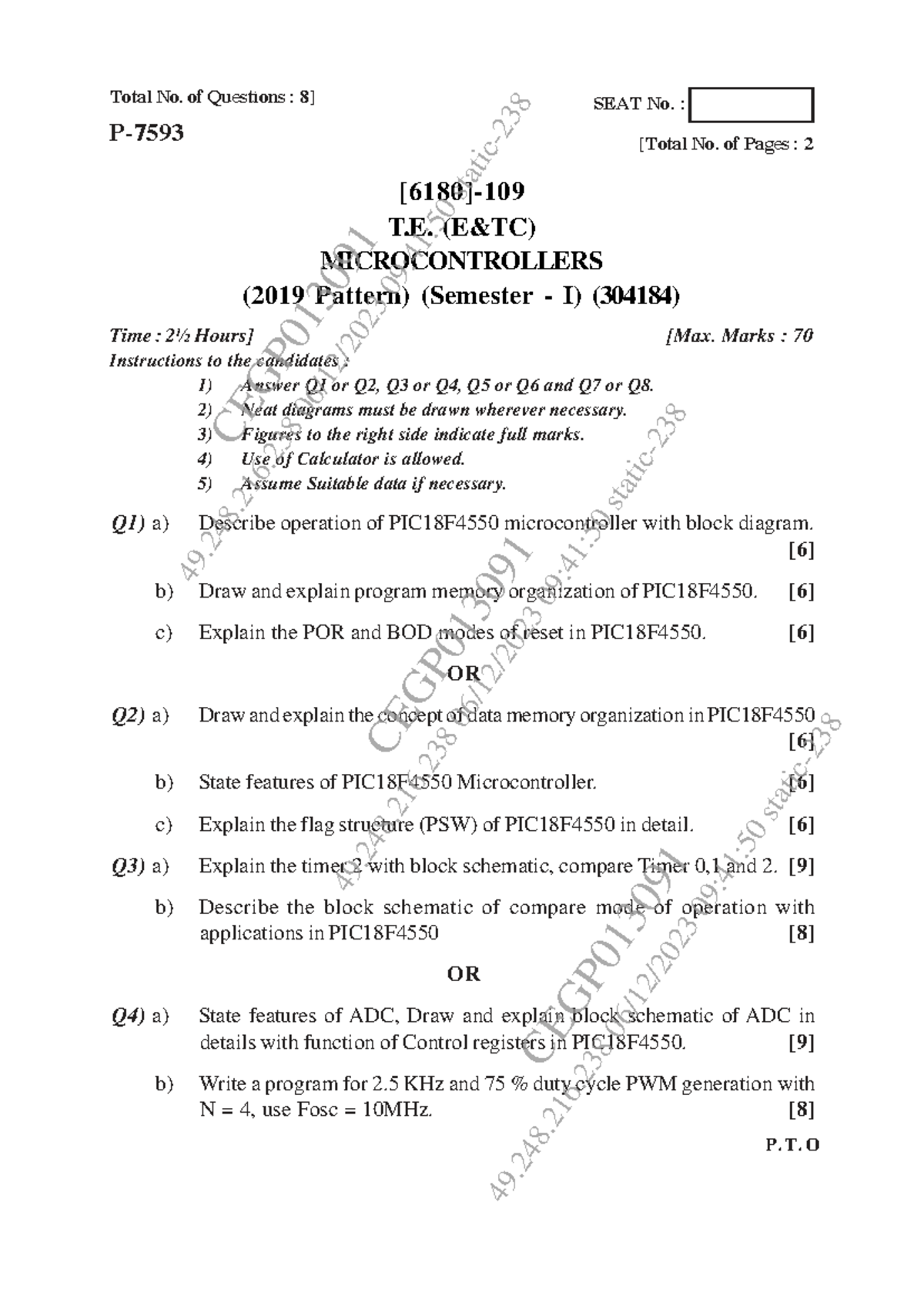 T.E. MICROCONTROLLERS (304184) Final Exam Q&A on PIC18F4550 - Studocu