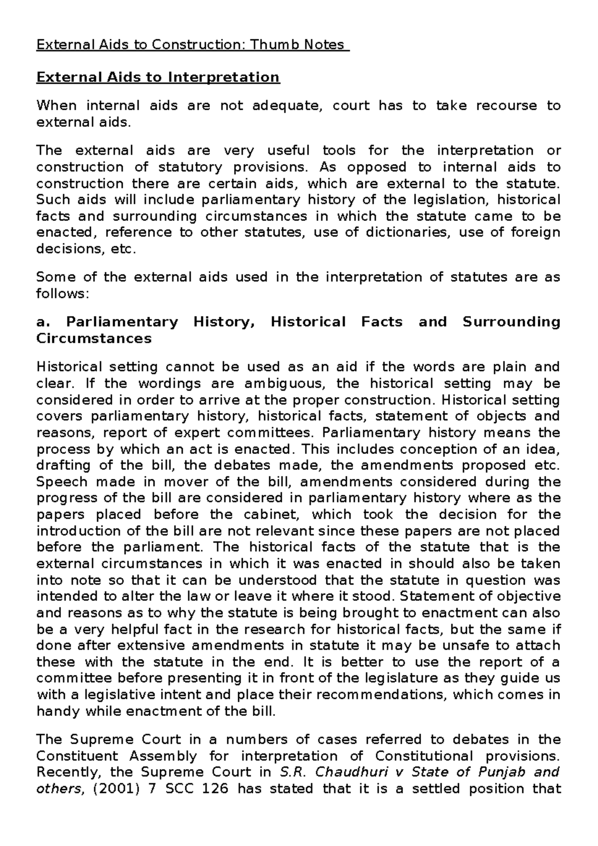 External Aids to Interpreting Statutes - Thumb Notes - External Aids to ...
