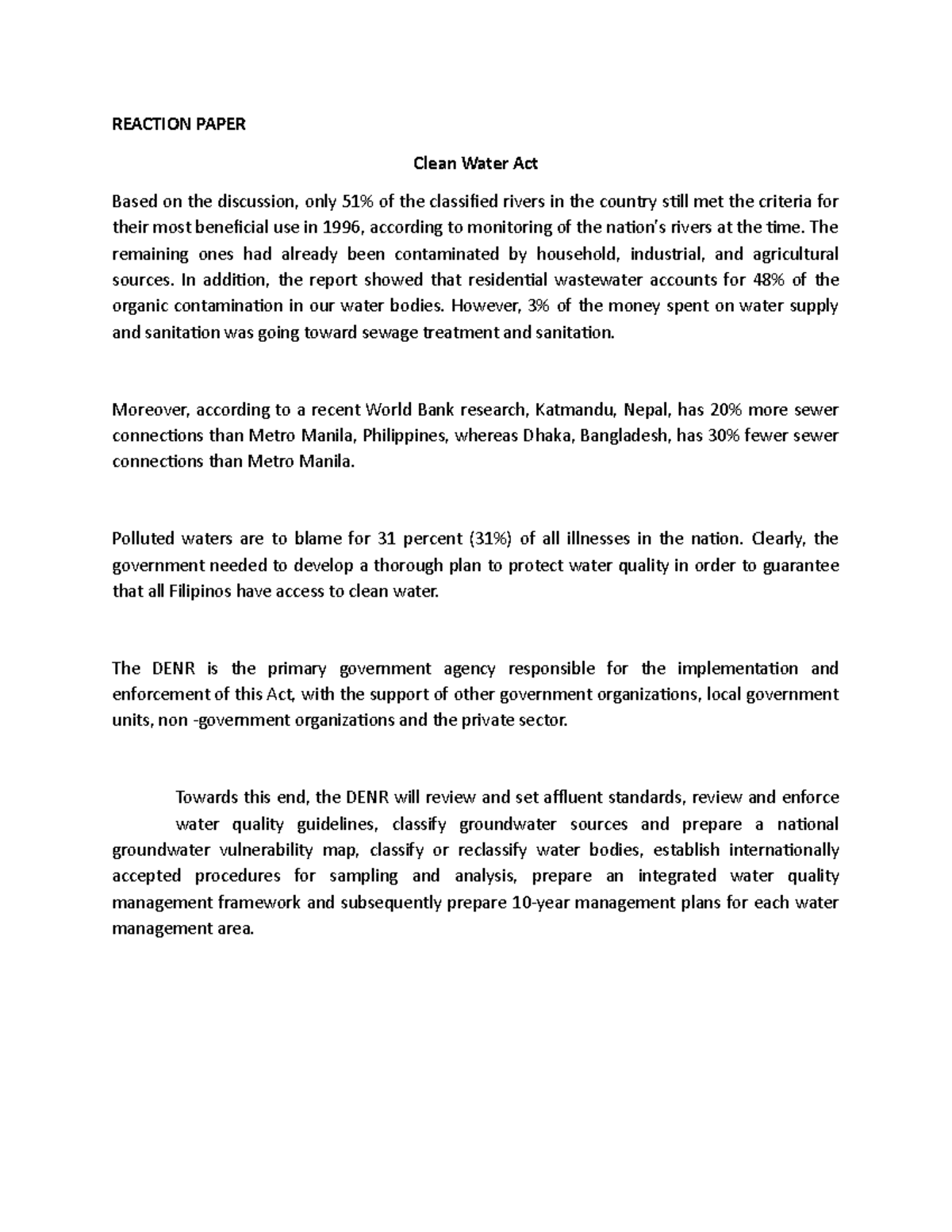 Reaction Paper - Clean Water Act Analysis and Recommendations - Studocu