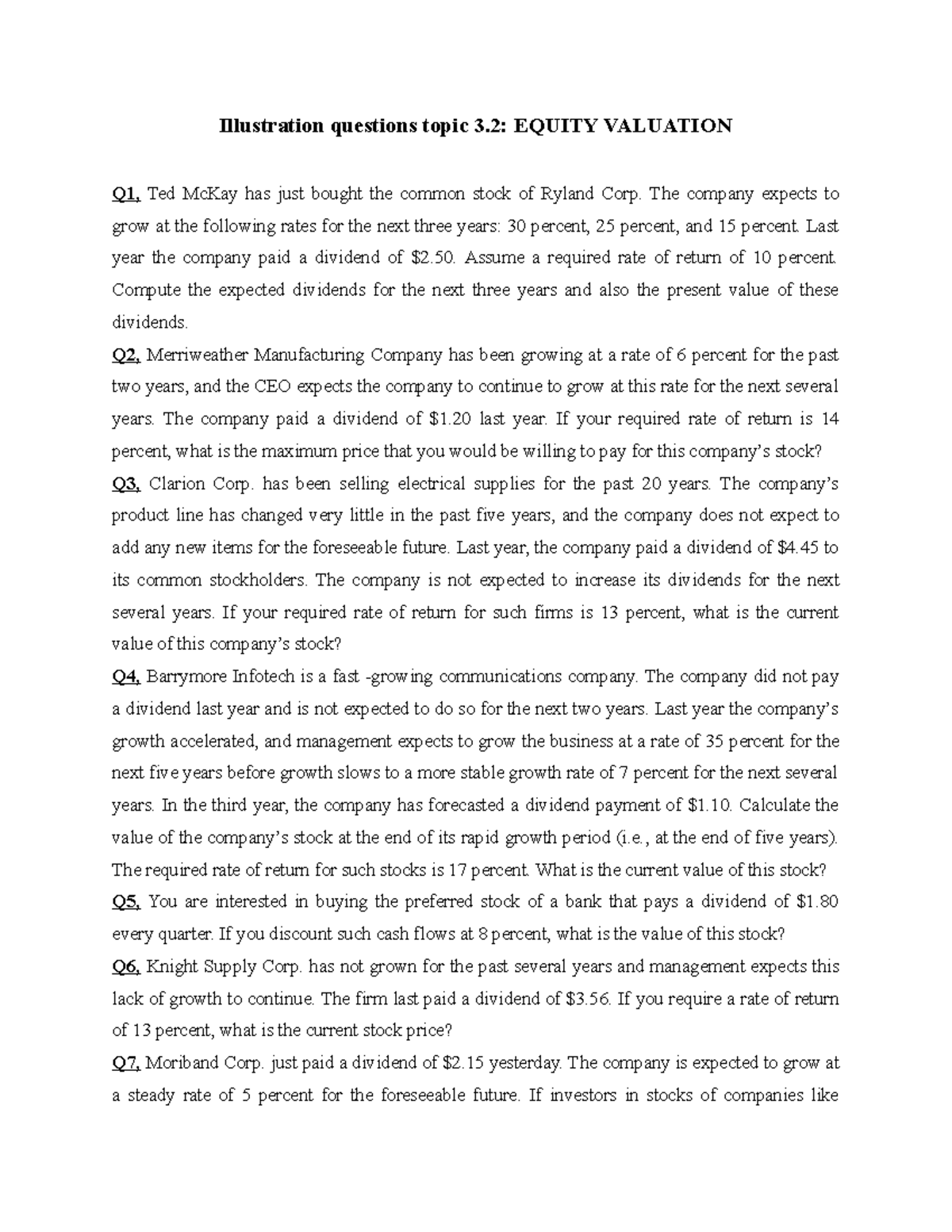 Illustration questions topic 3.2- Equity Valuation - Illustration ...