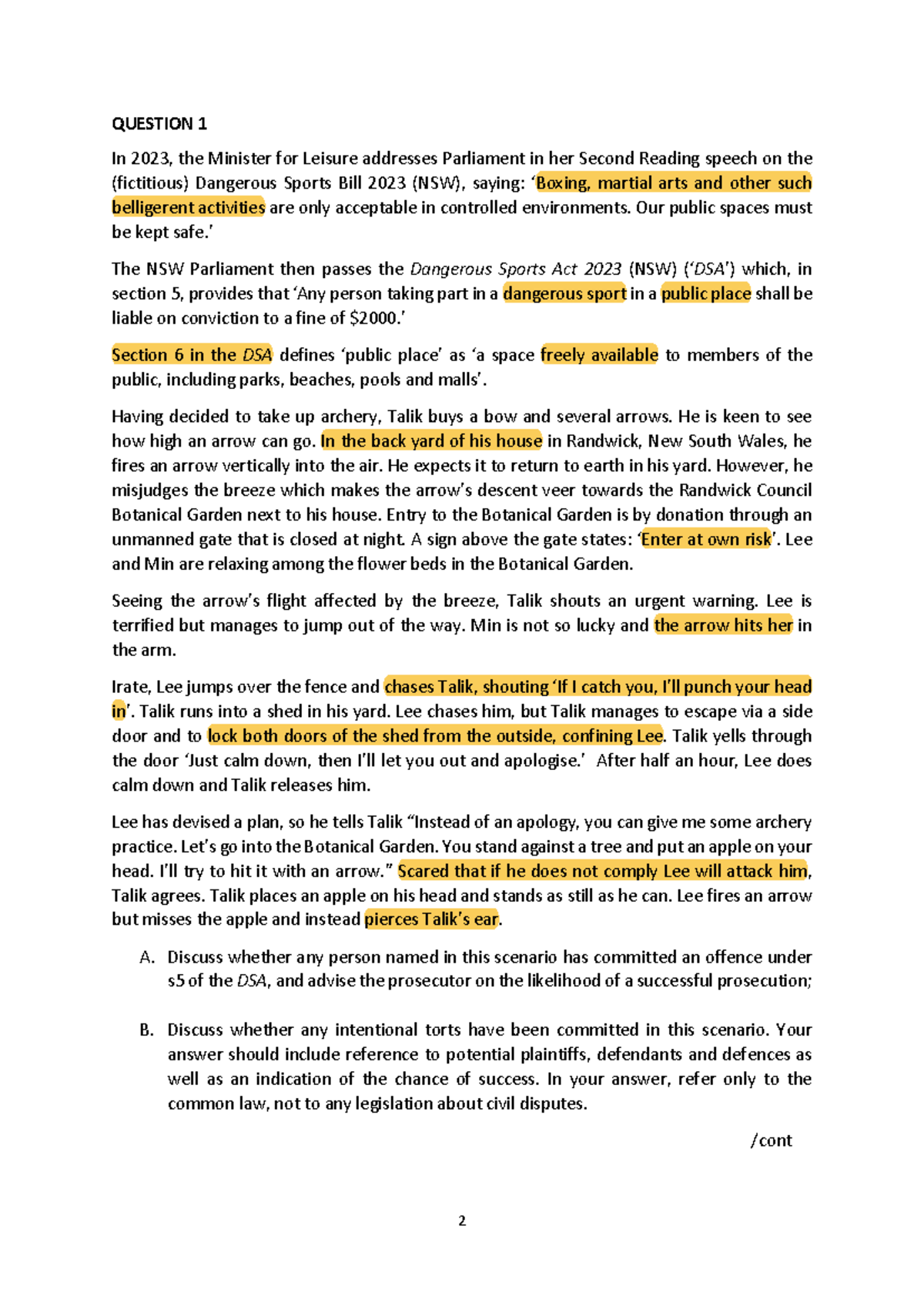 Final Exam Paper (LAWS101) - Dangerous Sports Act & Tort Law scenario ...