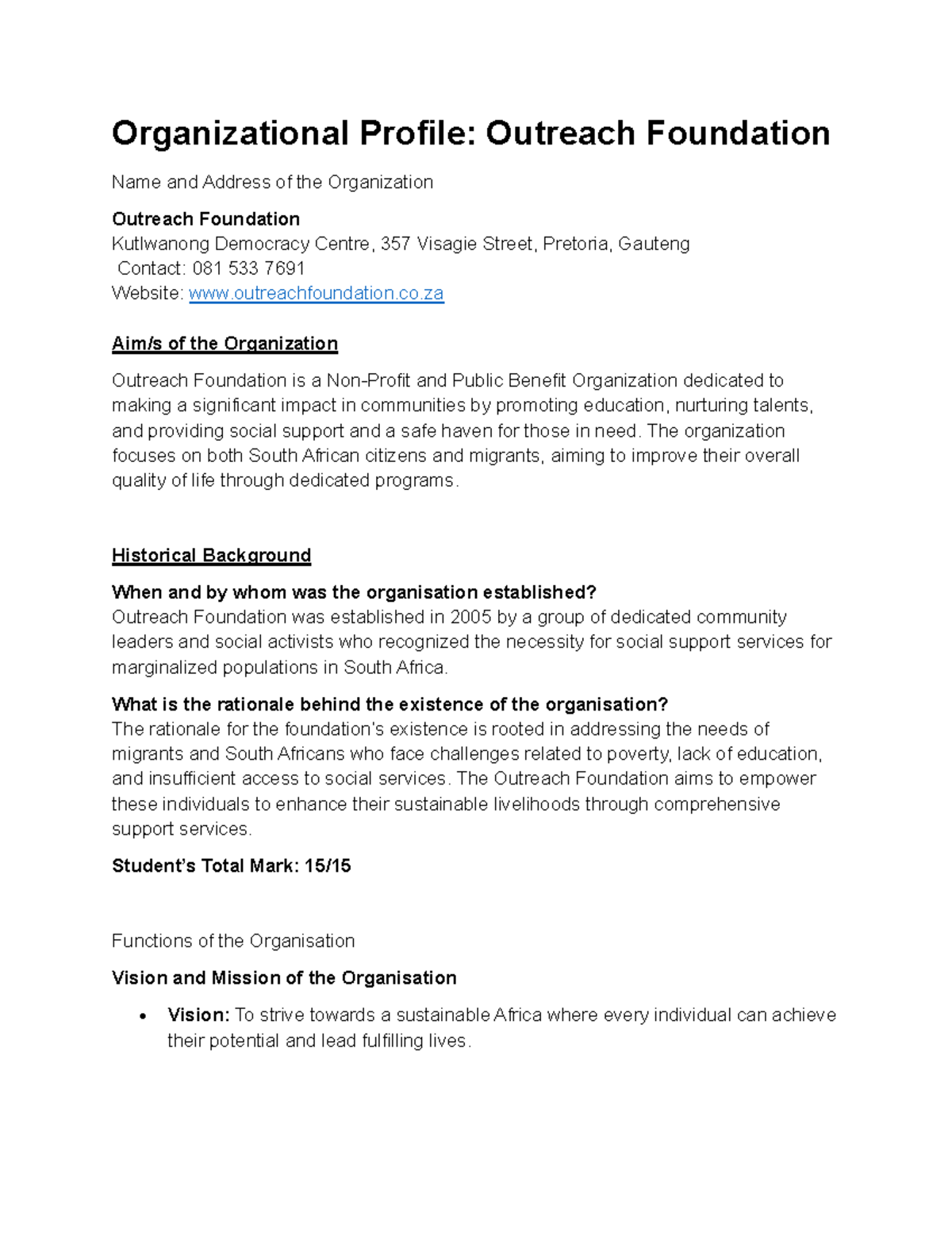 Organizational Profile of Outreach Foundation - BSW2605 - Studocu