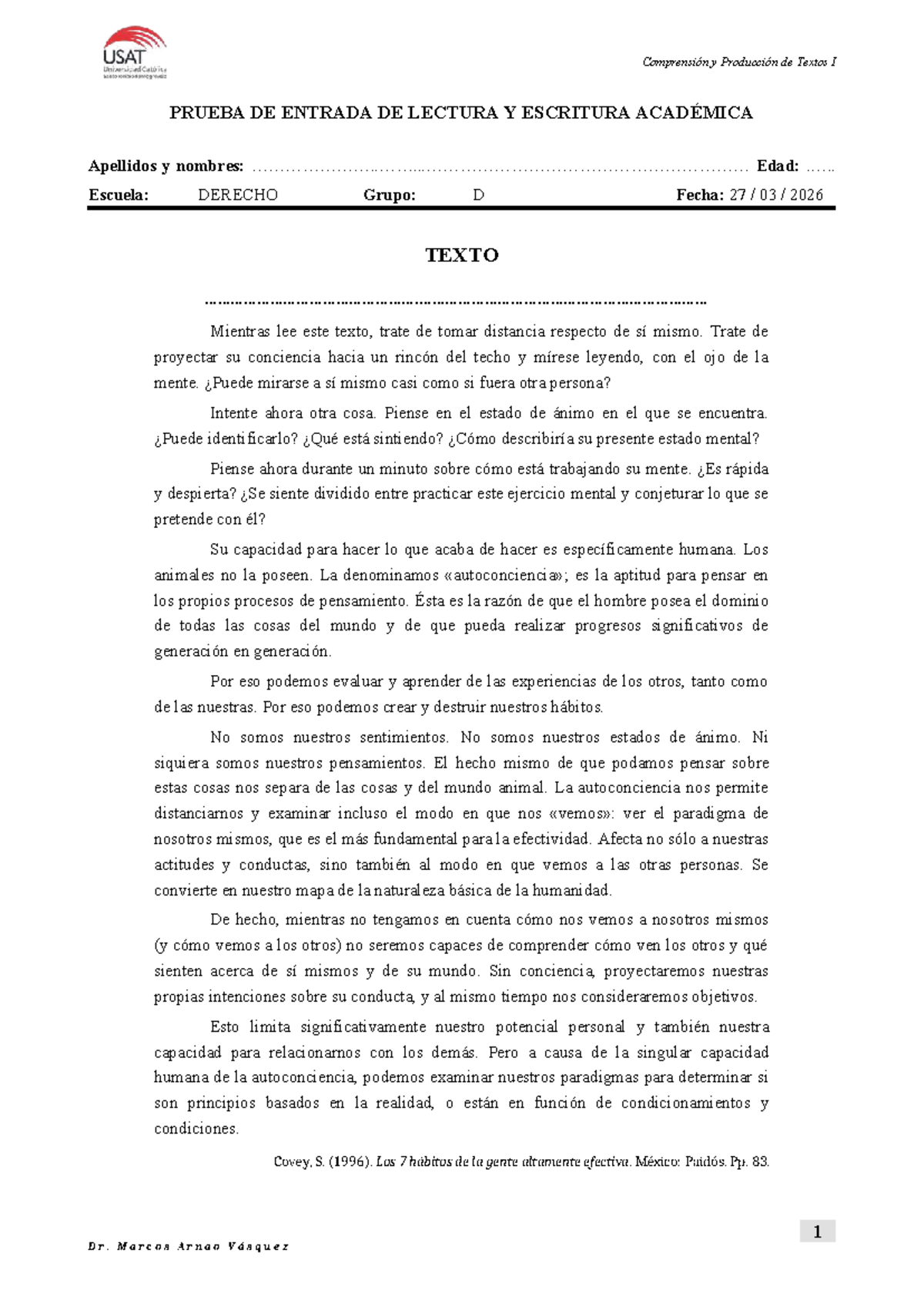 CPT. DAR. Prueba de Entrada en Comprensión y Producción de Textos I ...