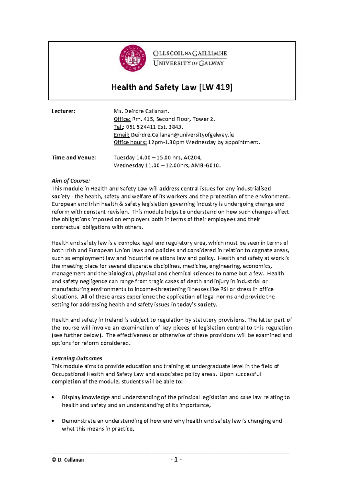 Health and Safety Law Overview - LW419 Course Outline by D. Callanan ...