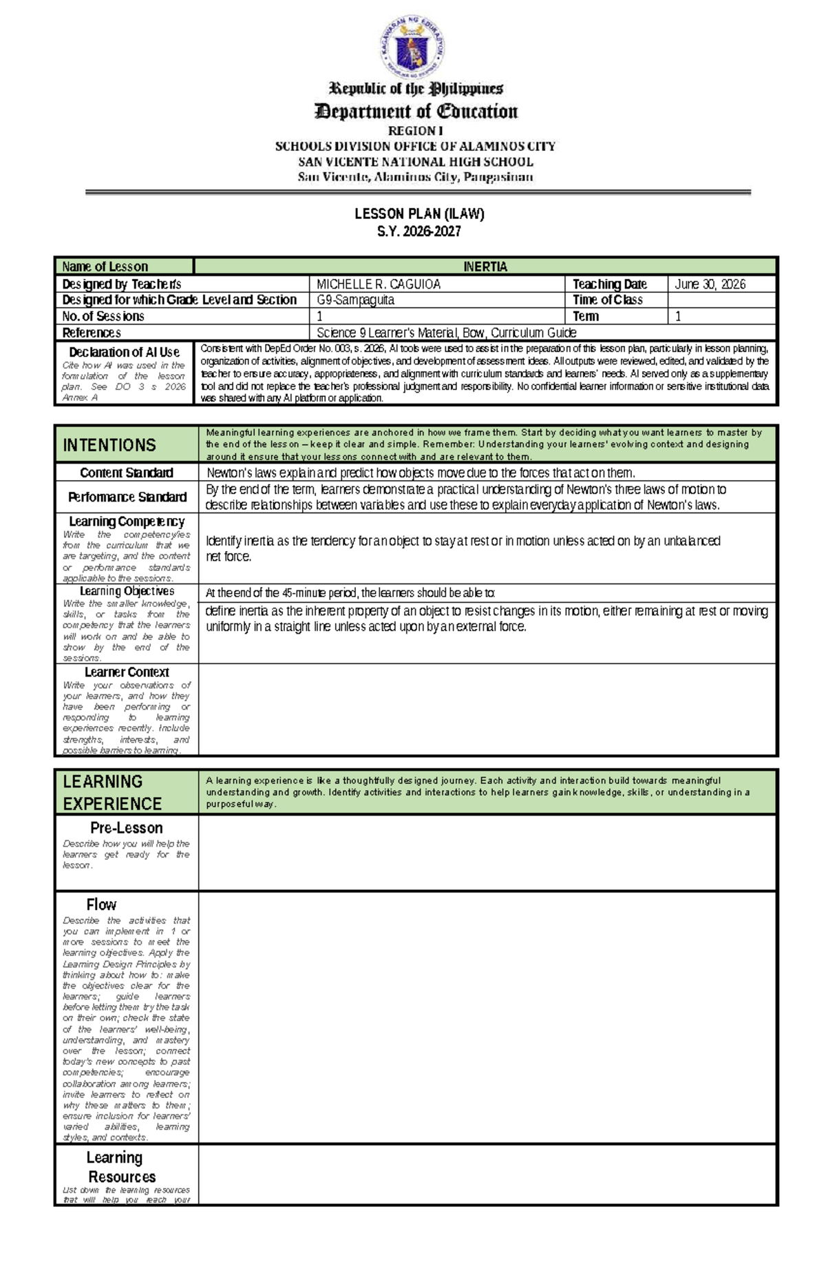 LESSON PLAN (ILAW) S.Y. 2026: Understanding Inertia in Science 9 - Studocu