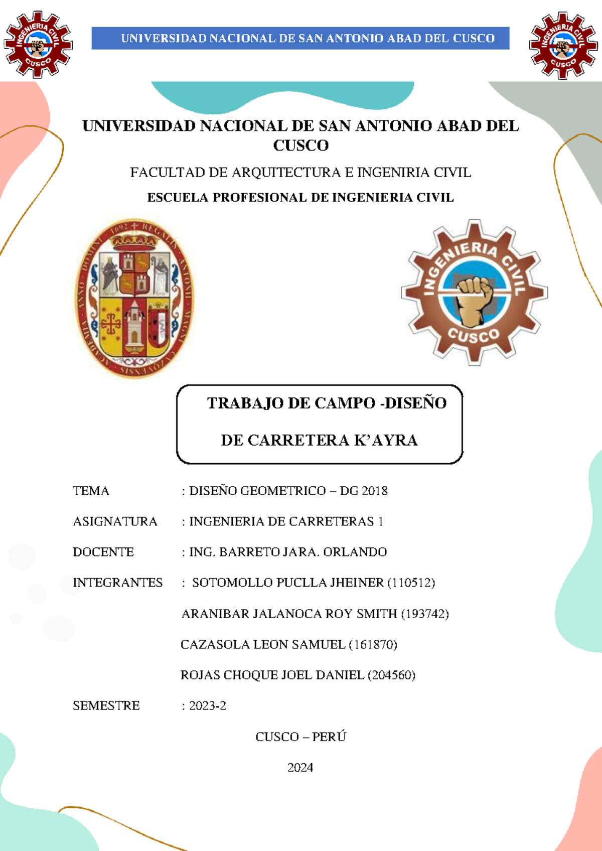 Informe Final DG de Diseño Geométrico de Carretera K’ayra - ING. CARRETERAS 1 - Document Preview
