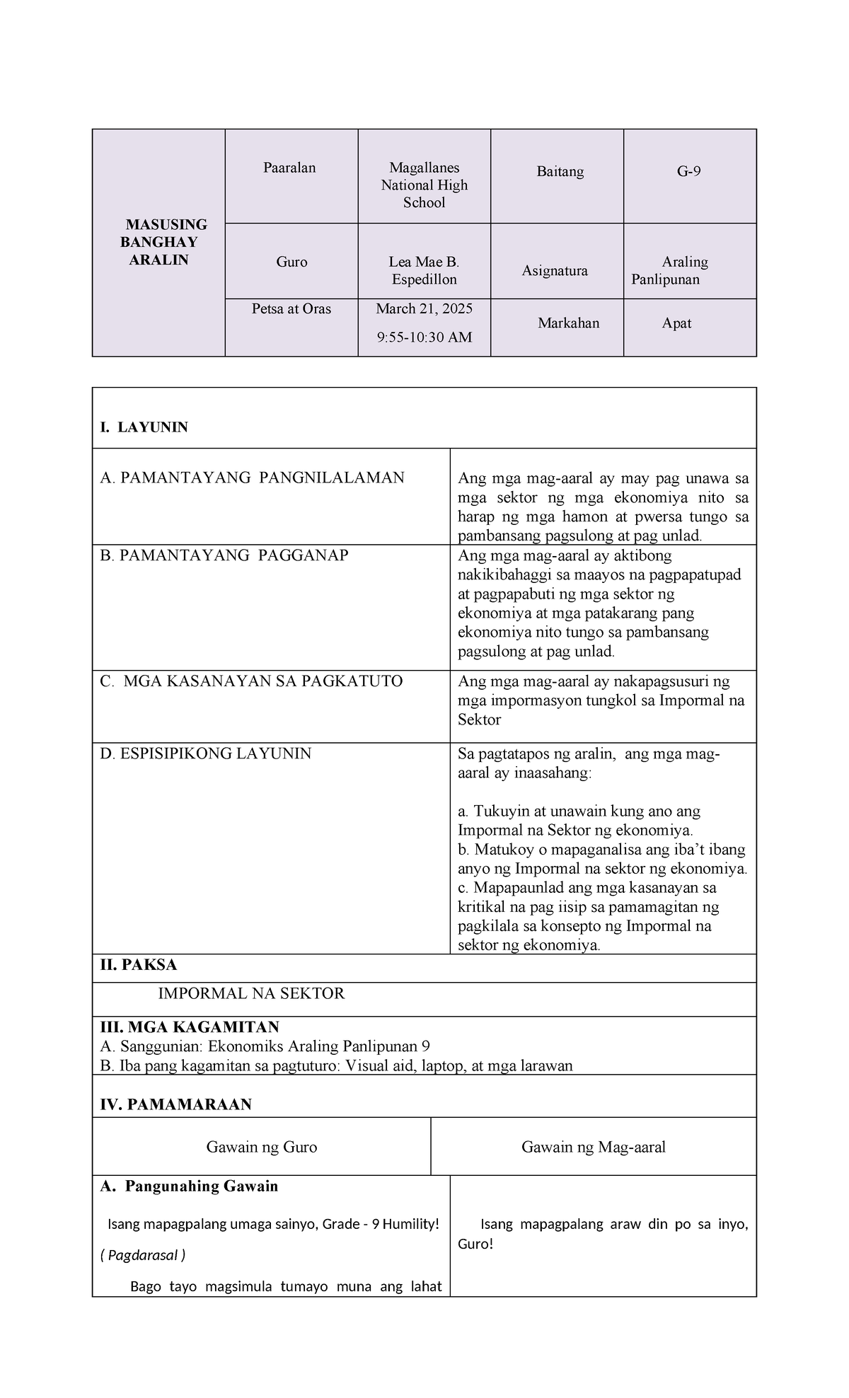 544924432 Lesson Plan on Impormal na Sektor sa Araling Panlipunan - Studocu