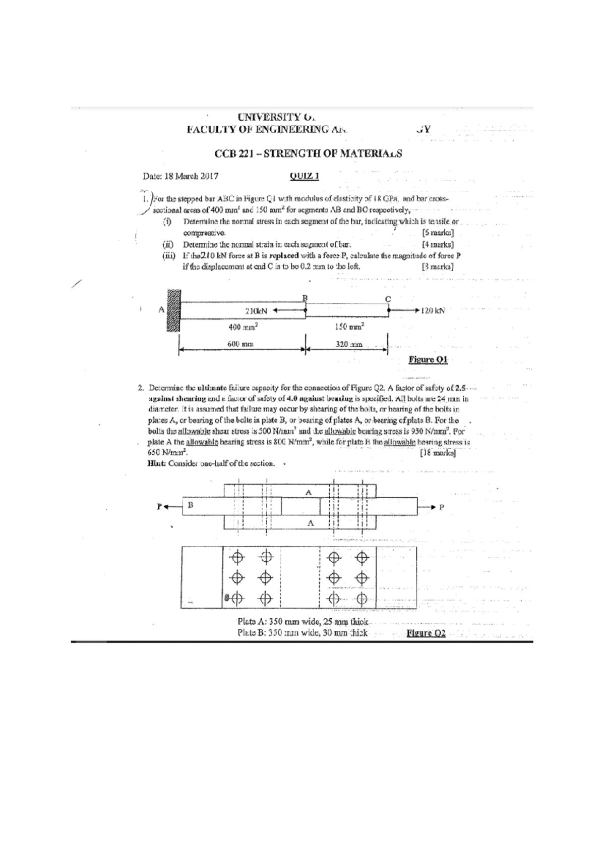 CCB 221 Strength of Materials Quiz 1 - Tutorial Questions PQ 2025 - Studocu