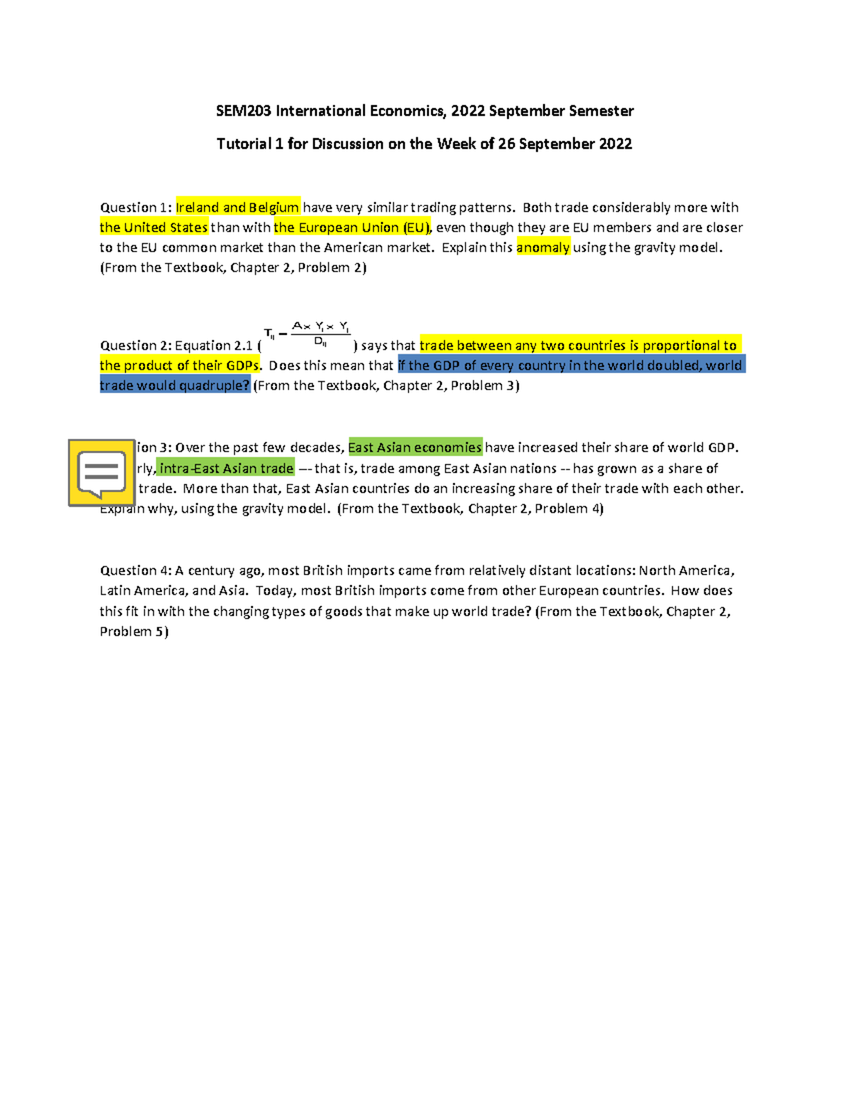 SEM203 Tutorial 1-26 October 2022 - SEM203 International Economics ...