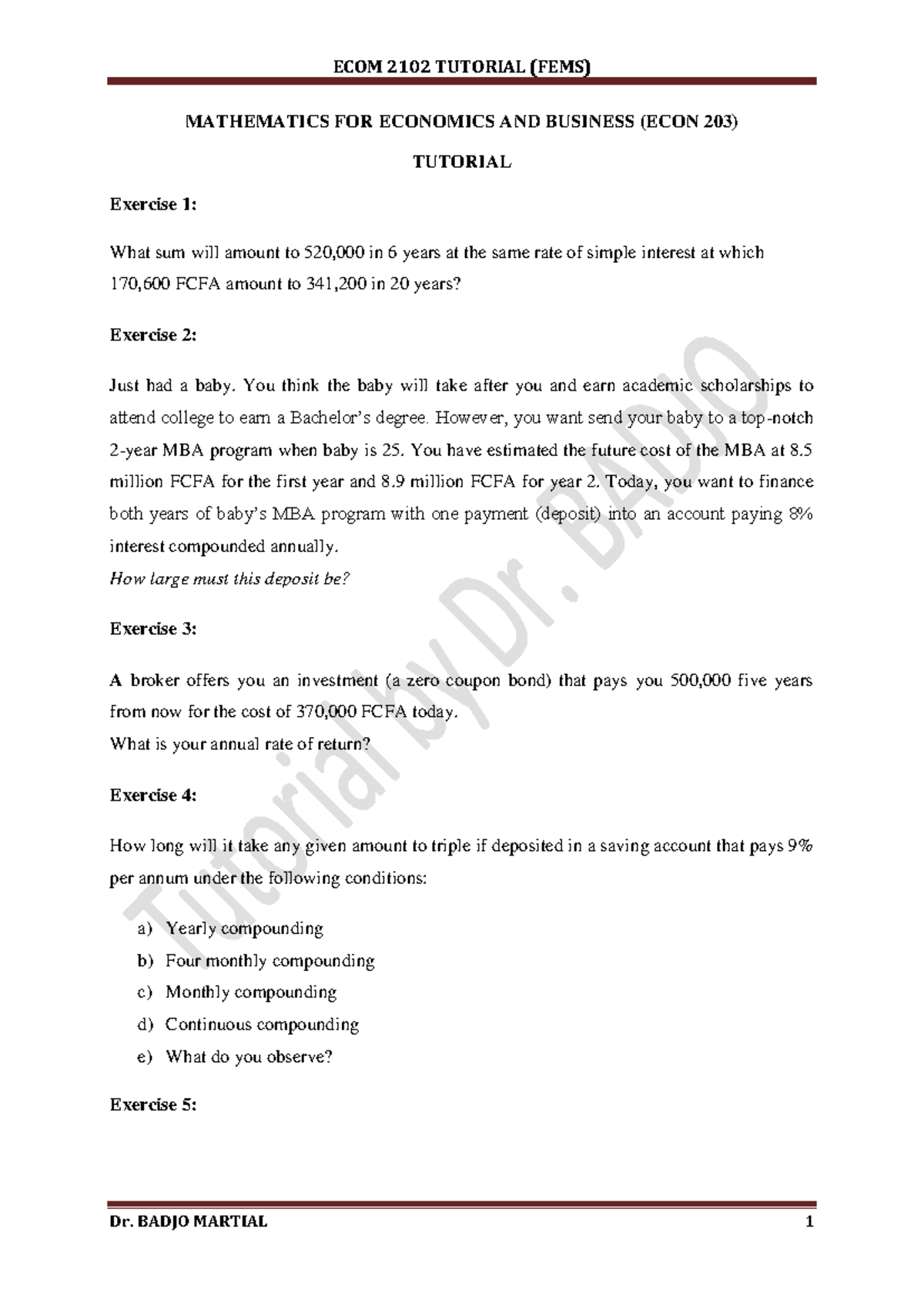 ECOM 2102 - Maths for Economics & Business 1 Tutorial Exercises 2023 ...