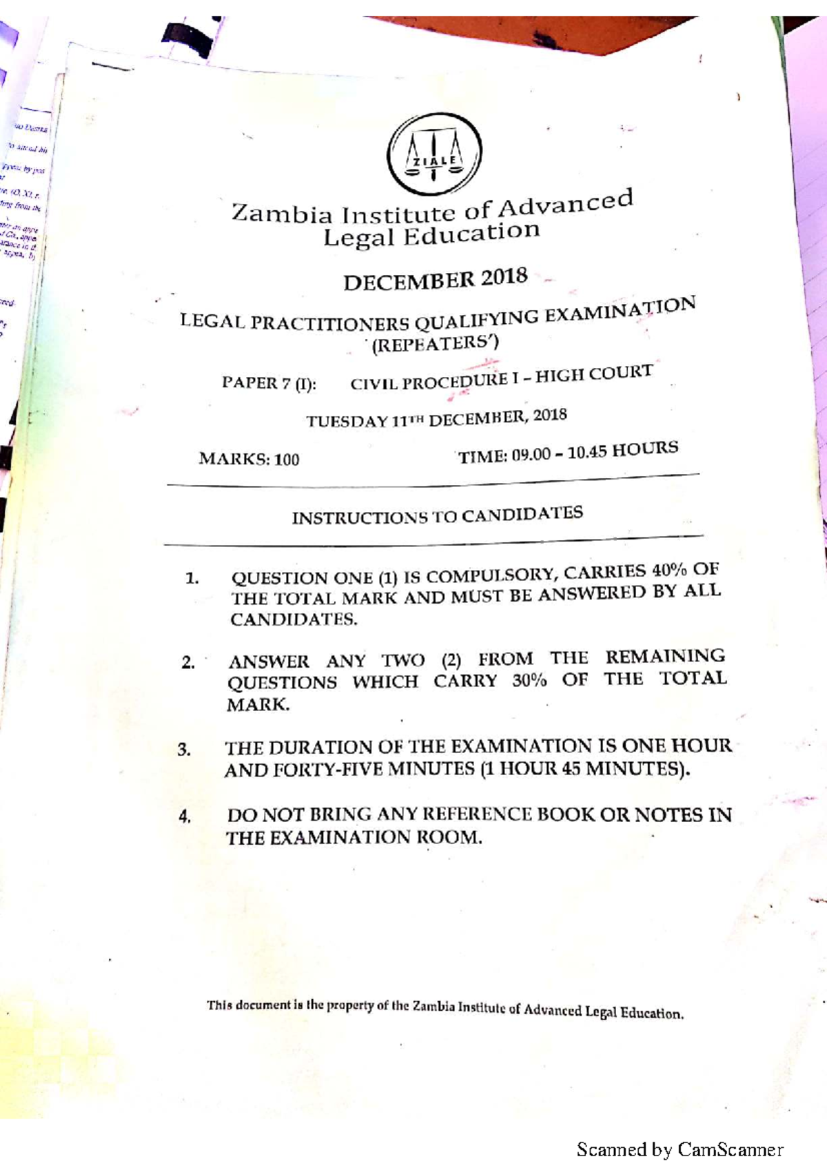 Legal Practitioners Qualifying Exam Paper 7: Civil Procedure I (2018) - Document Preview