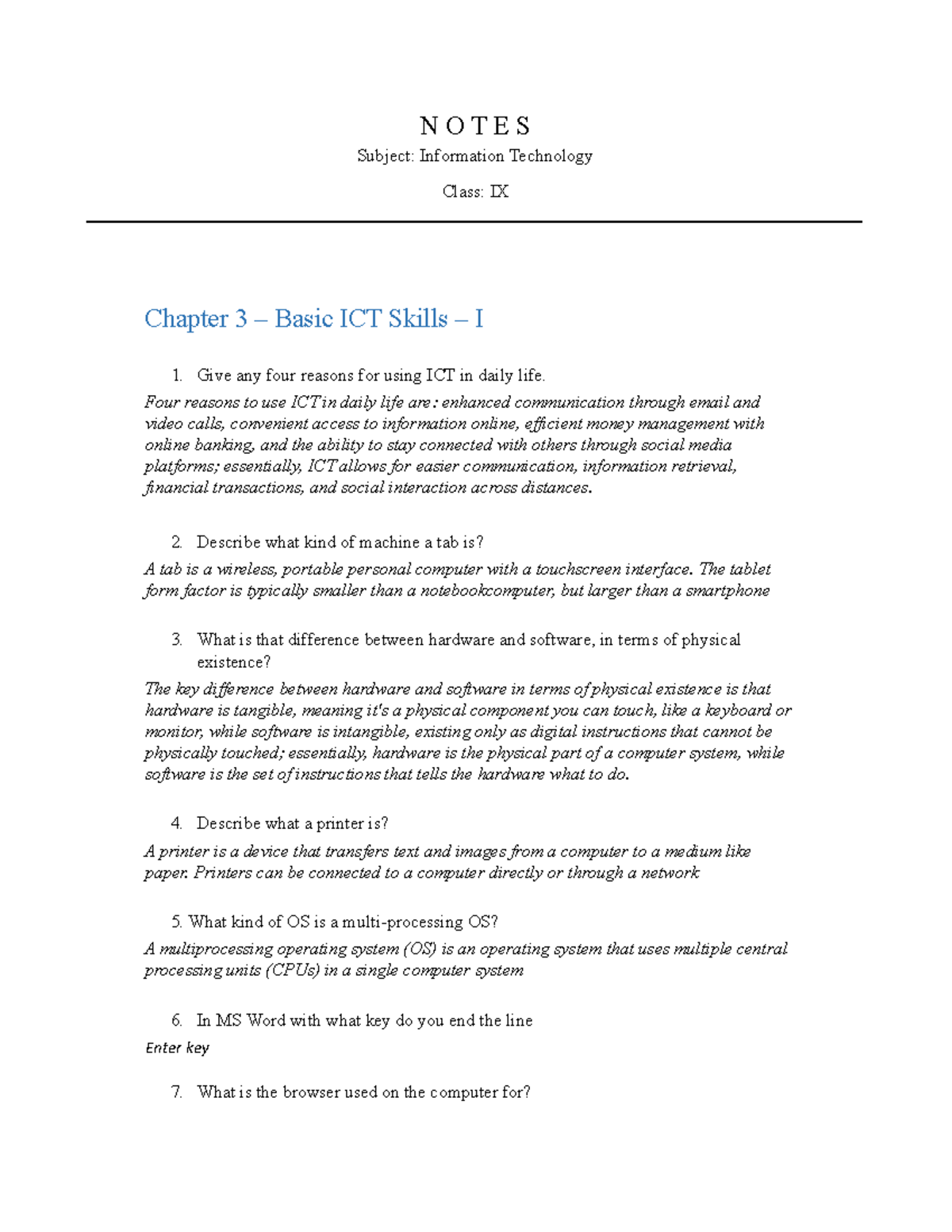 Notes - Final Exam: Information Technology Class IX - Studocu