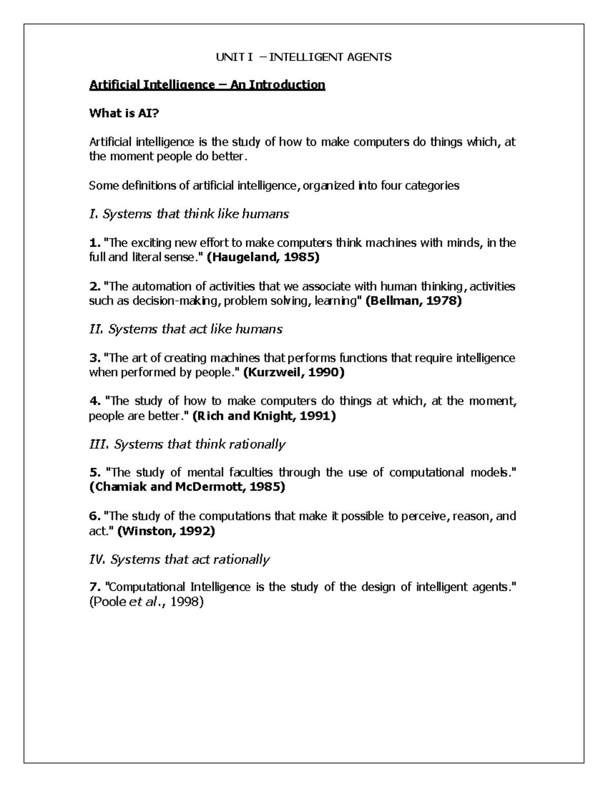 Al3391 - Unit I: Introduction to Intelligent Agents in AI Notes - Studocu