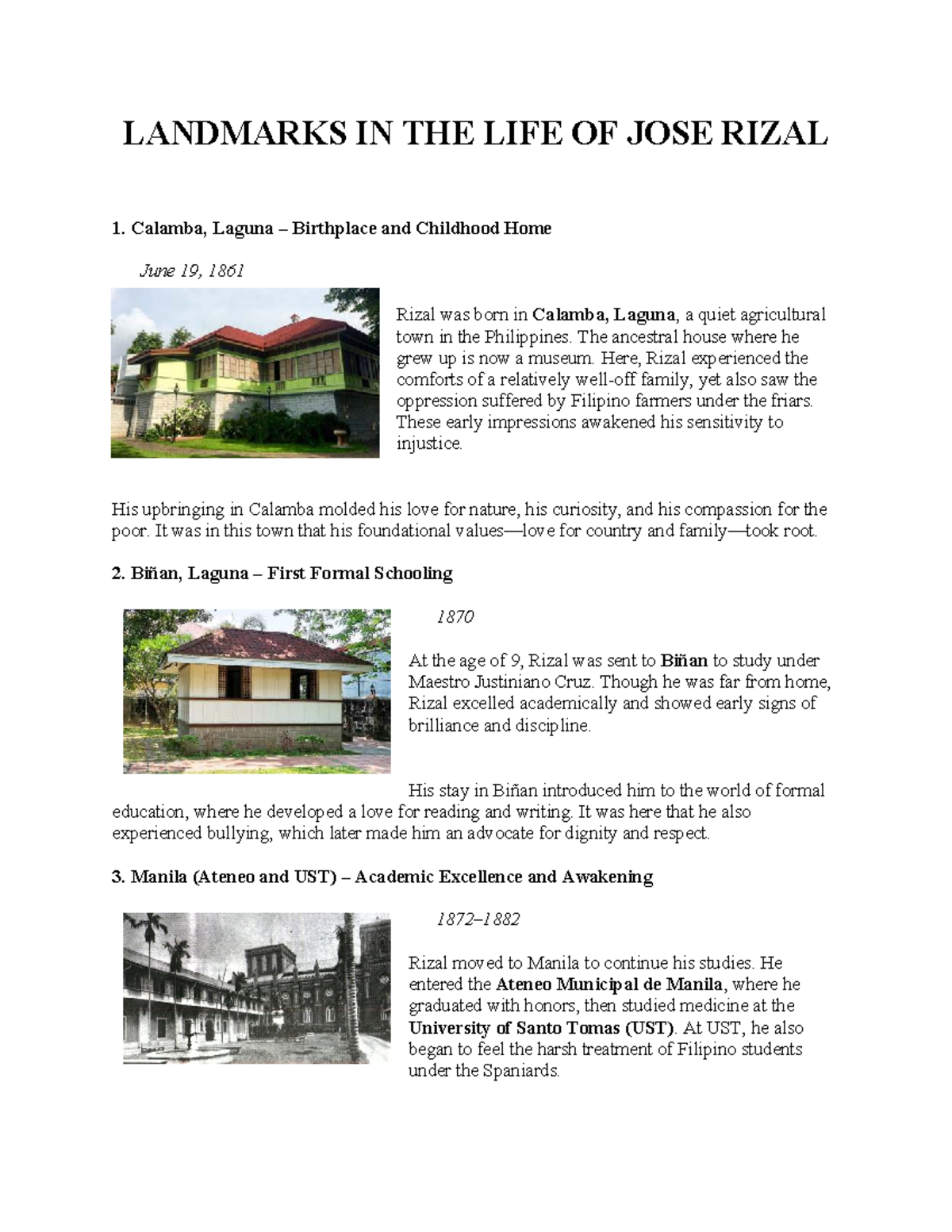 Landmarks in the Life of Jose Rizal: A Comprehensive Overview - Studocu