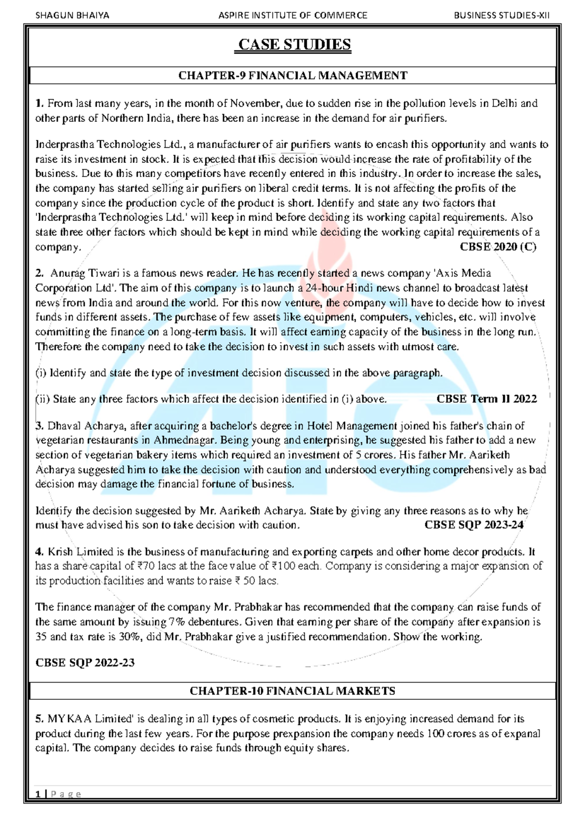 XII BST FINANCIAL MANAGEMENT & MARKETING CASE STUDIES PART 2 - Studocu
