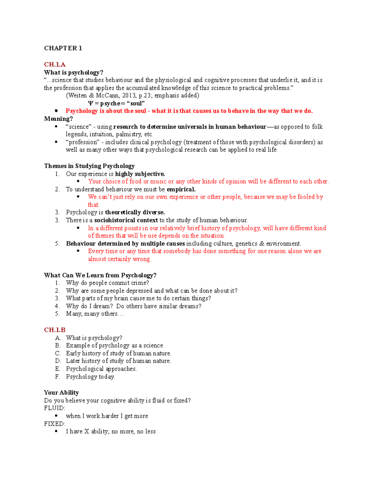 Psychology 1-3: Chapter 1 Overview and Key Concepts Notes - Studocu