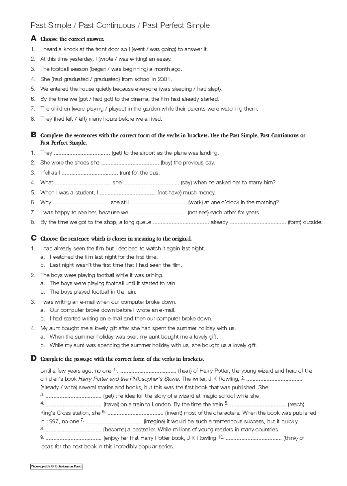 Grammar: Past Simple, Past Continuous, Past Perfect Simple Exercises ...