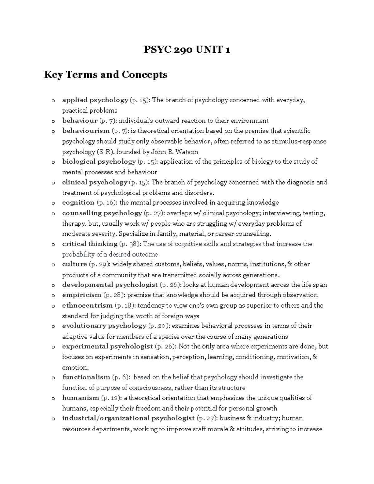 PSYC 290 UNIT 1 - Comprehensive Notes on Key Psychological Concepts ...