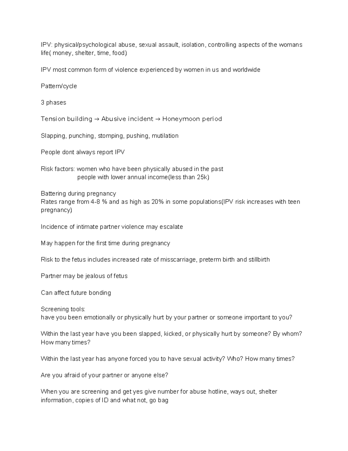 NUR 221 LEC - OB Notes on Intimate Partner Violence Awareness - Studocu