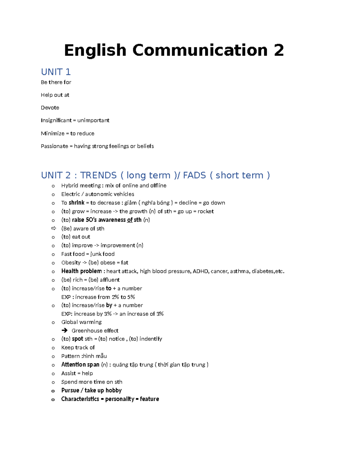 English Communication 2: Unit Summaries and Key Vocabulary Insights ...