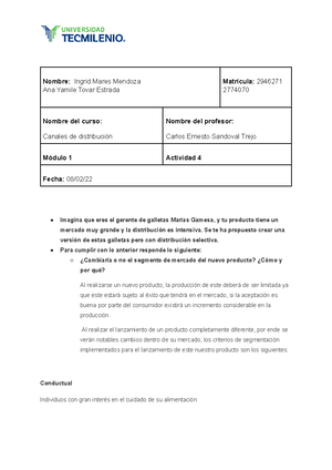 Evidencia 1 Canales de distribución - Nombre : Brenda Edith Aguado ...