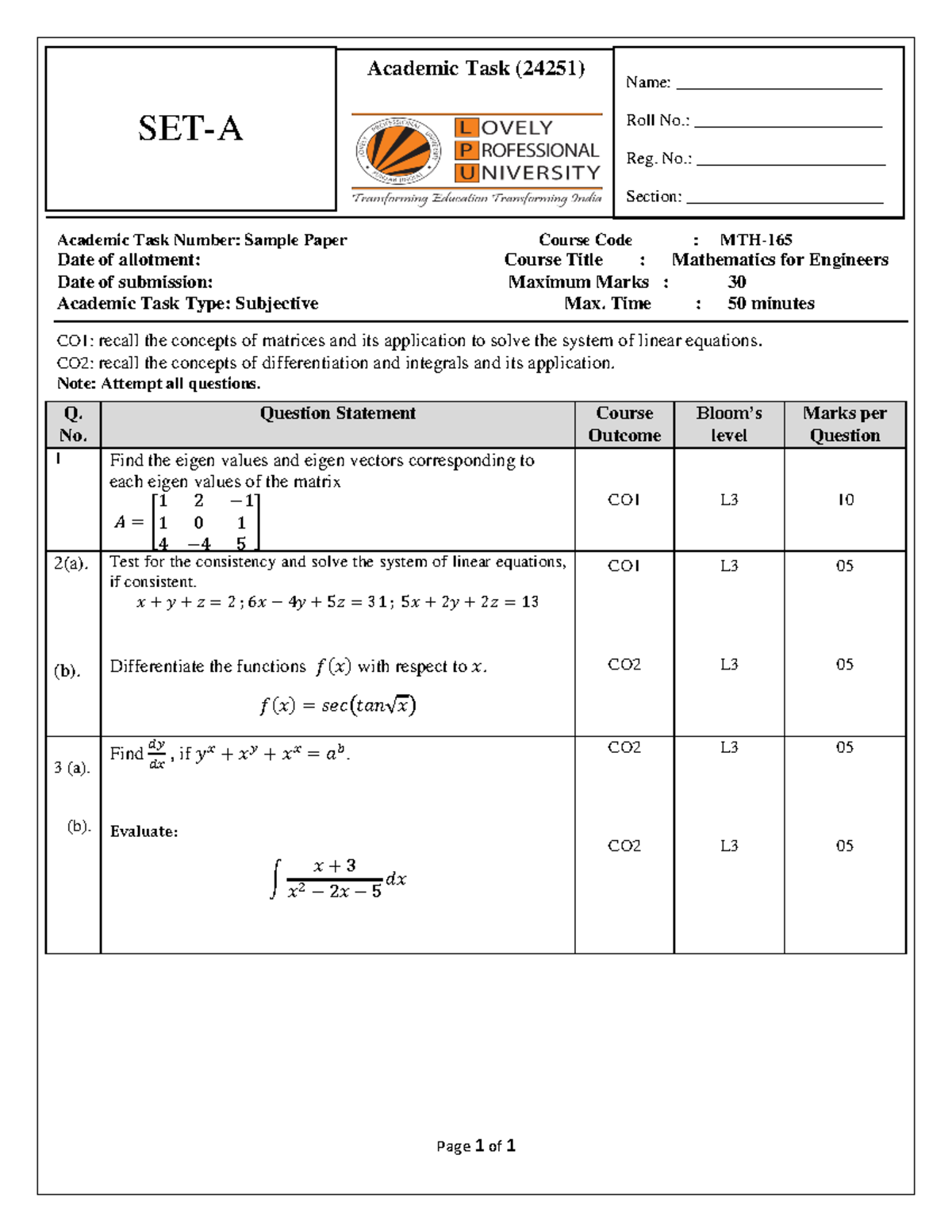 Mathematics for Engineers (24251) - Sample Paper & Practice CA ...