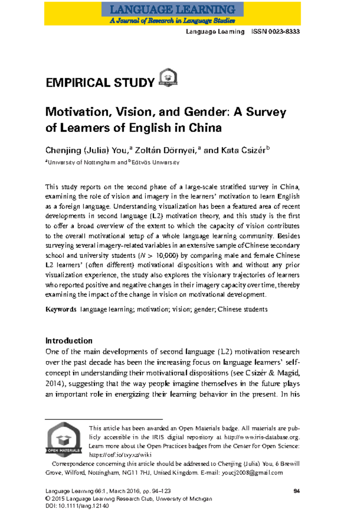Language Learning ISSN: Motivation, Vision, and Gender in Chinese L2 ...