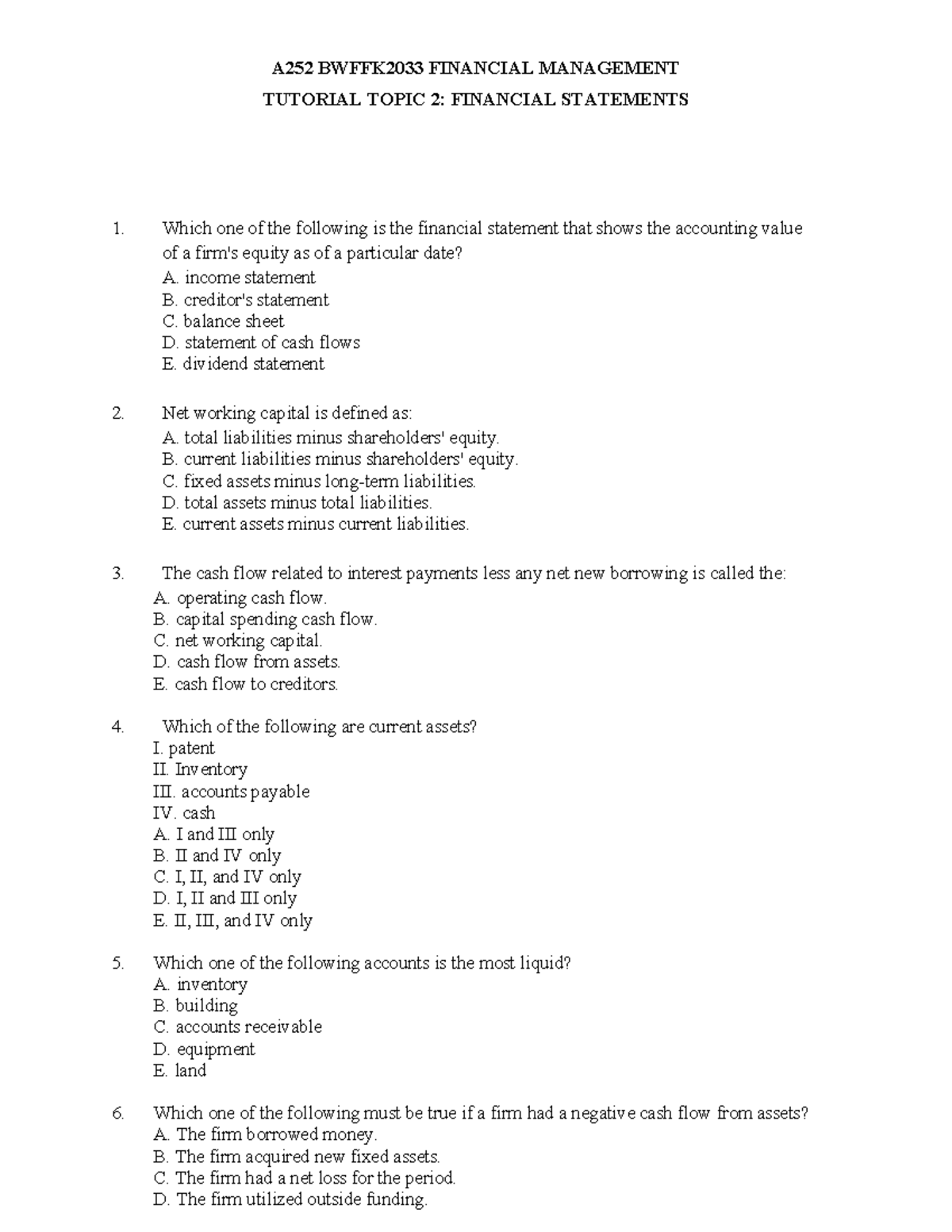 A252 BWFFK2033 Financial Management Tutorial: Financial Statements ...