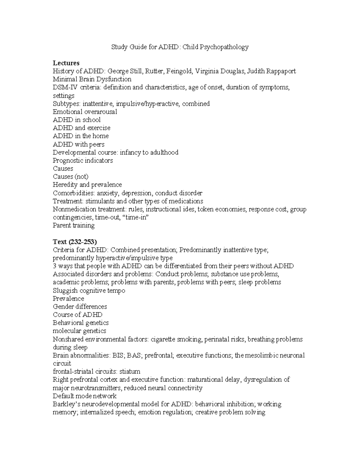 ADHD Study Guide: Child Psychopathology Lectures Overview - Studocu