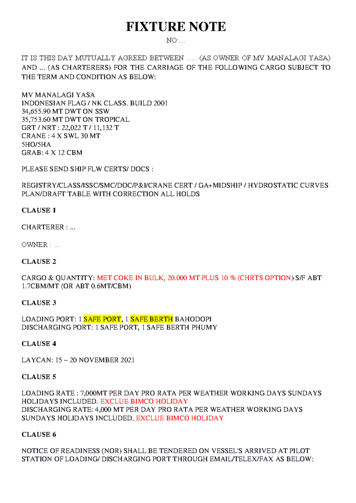 Fixture Note for MV Manalagi Yasa - Draft Agreement - Studocu
