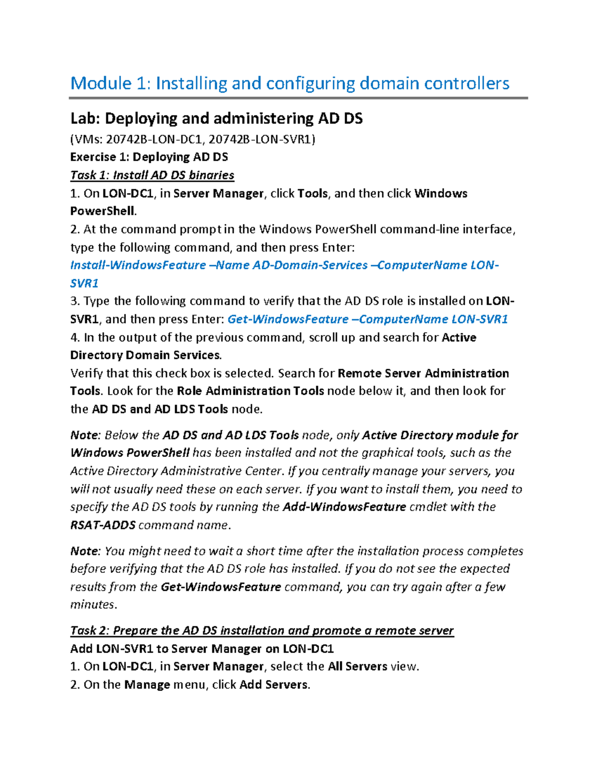 Module 1: Lab on Installing & Configuring Domain Controllers - Studocu