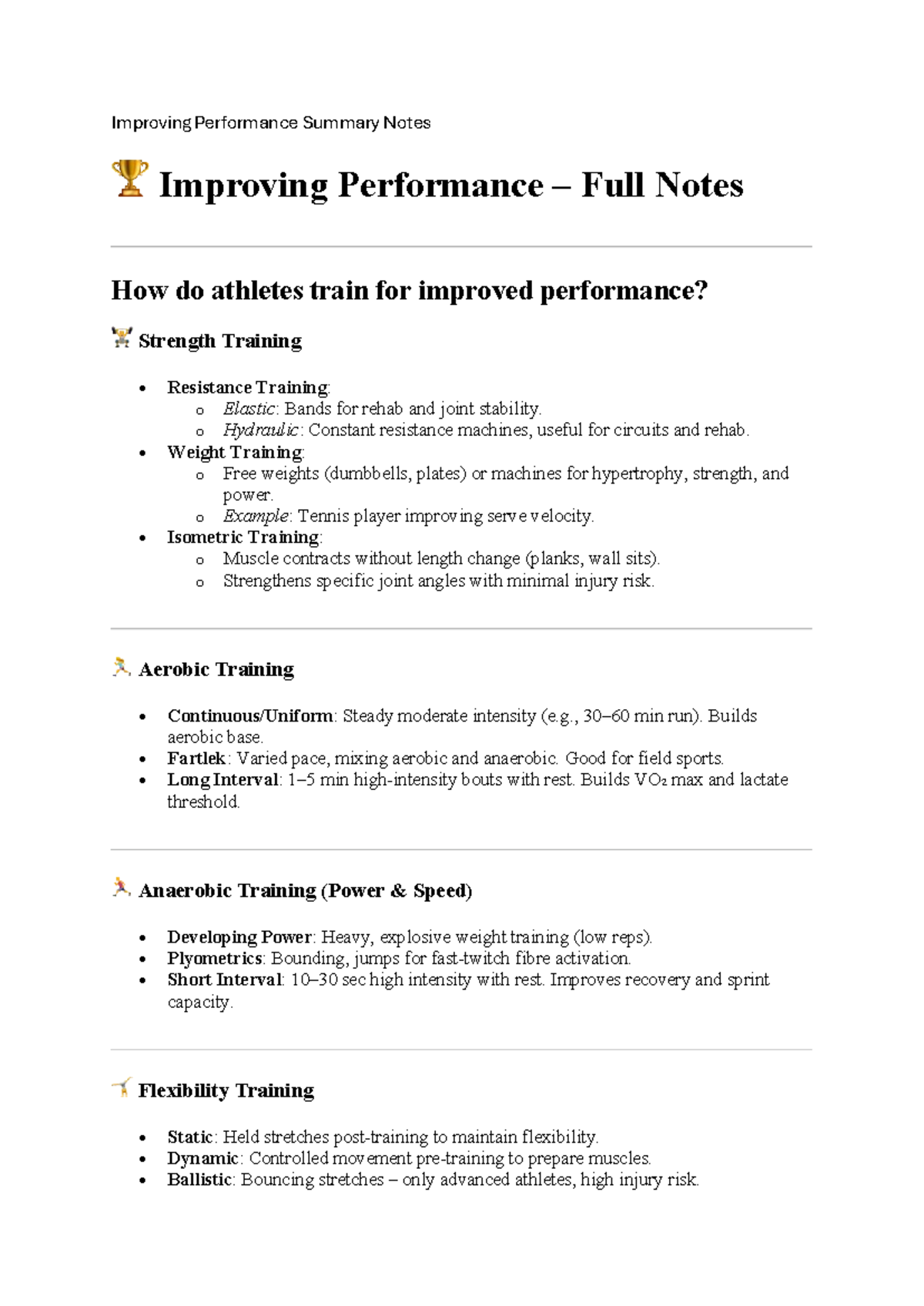 Improving Performance - Summary Notes for Training Techniques - Studocu