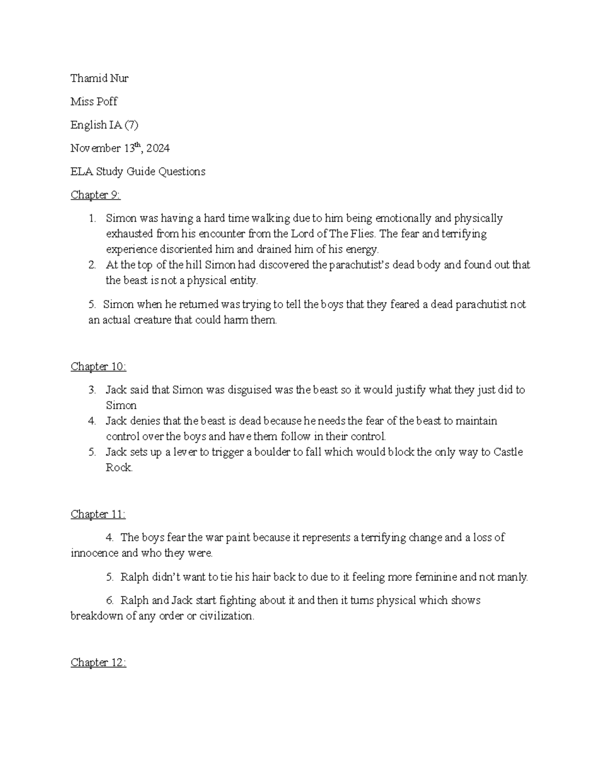 English IA (7) ELA Study Guide: Chapters 9-12 Questions - Studocu