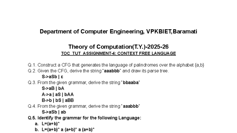 TOC Assignment Unit 3: Context Free Language CFGs and Derivations - Studocu