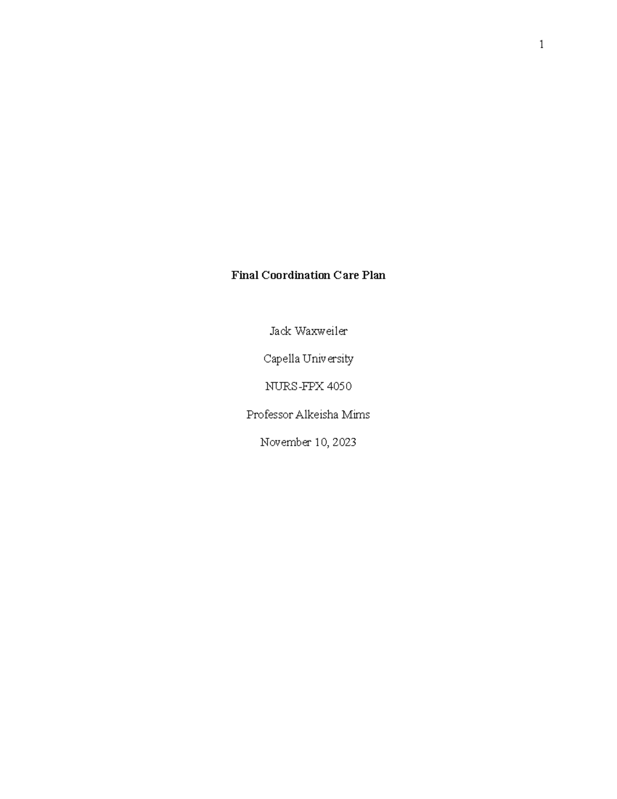 Final Coordination Care Plan for Mental Health - Capella University ...