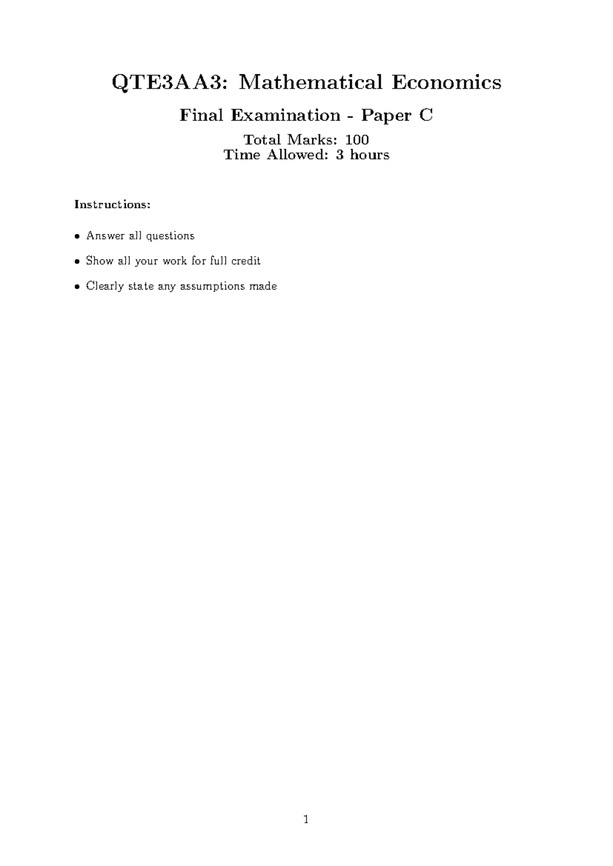 QTE3AA3: Mathematical Economics Final Exam Paper C - 2025 - Studocu