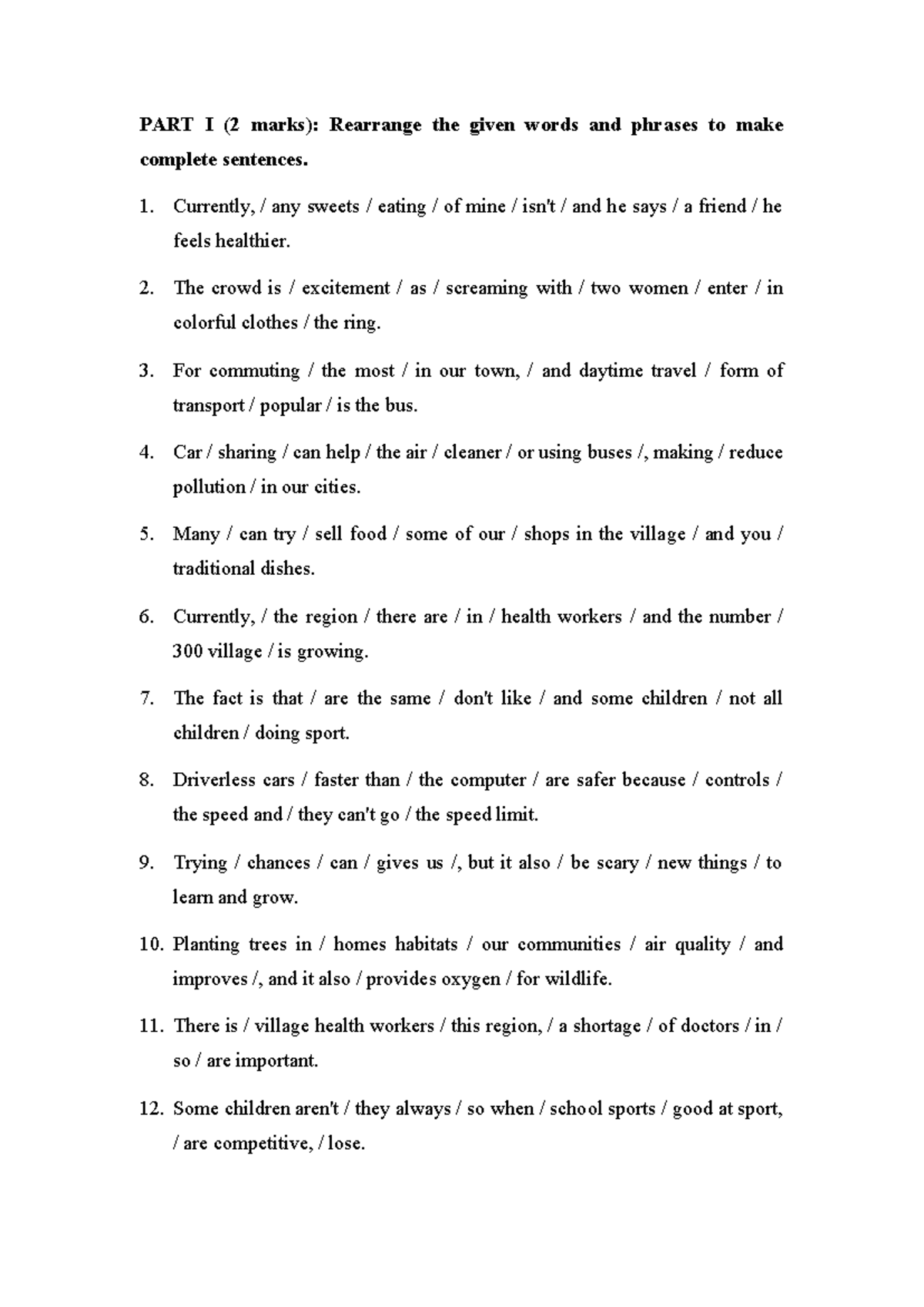 Part I: Sentence Rearrangement Practice for Language Skills - Document Preview