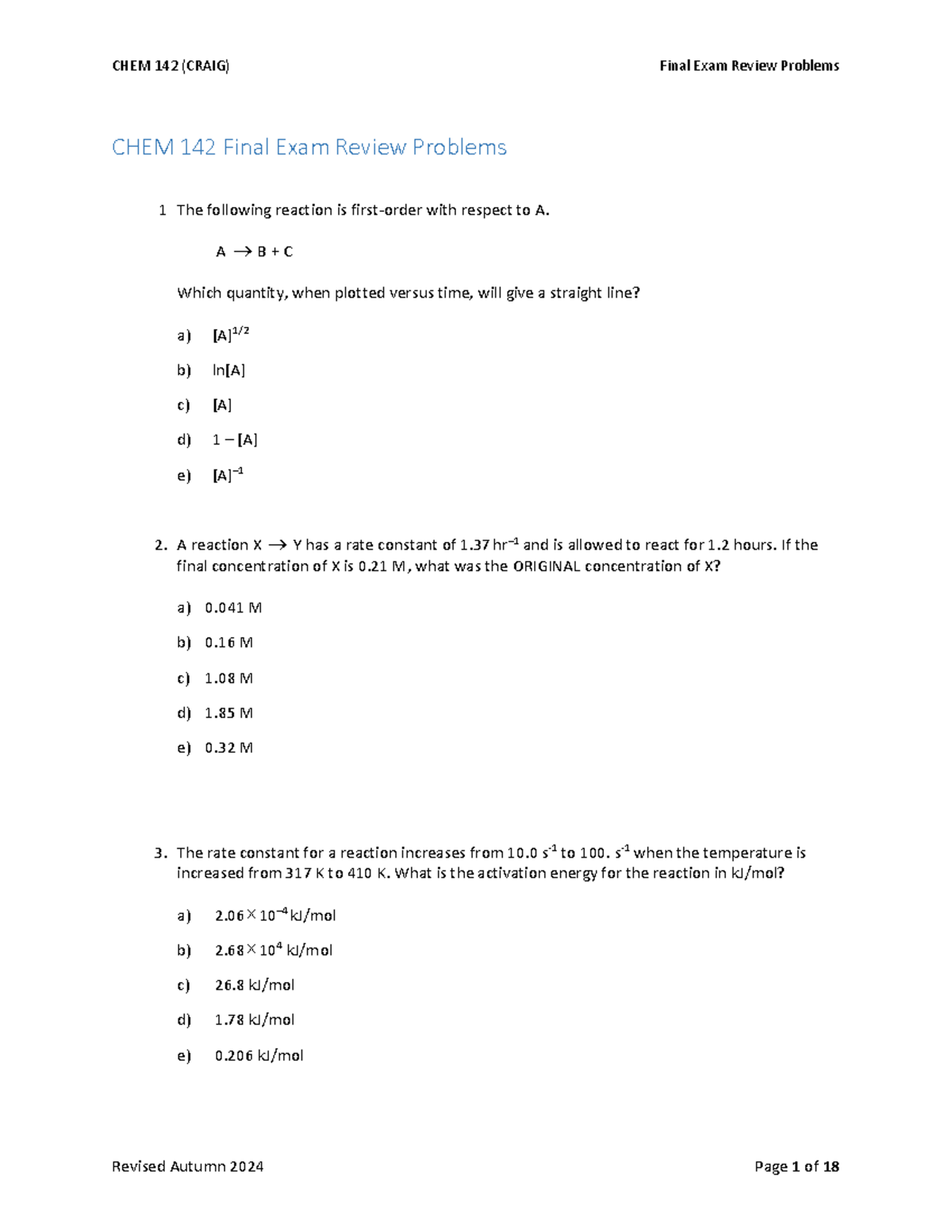 CHEM 142 (CRAIG) Final Exam Review Problems and Solutions - Studocu