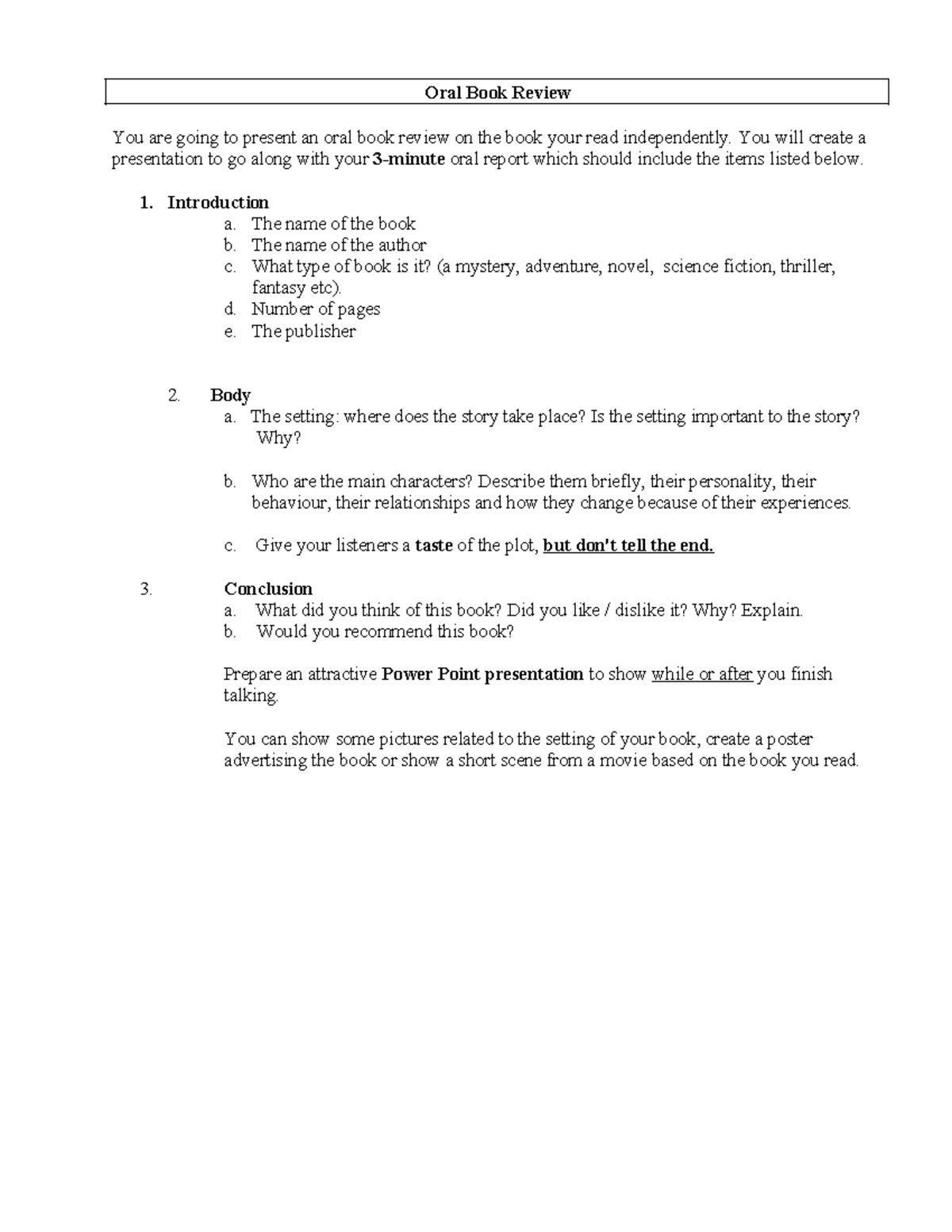 Oral Book Review Presentation Guidelines for Book Report - Studocu
