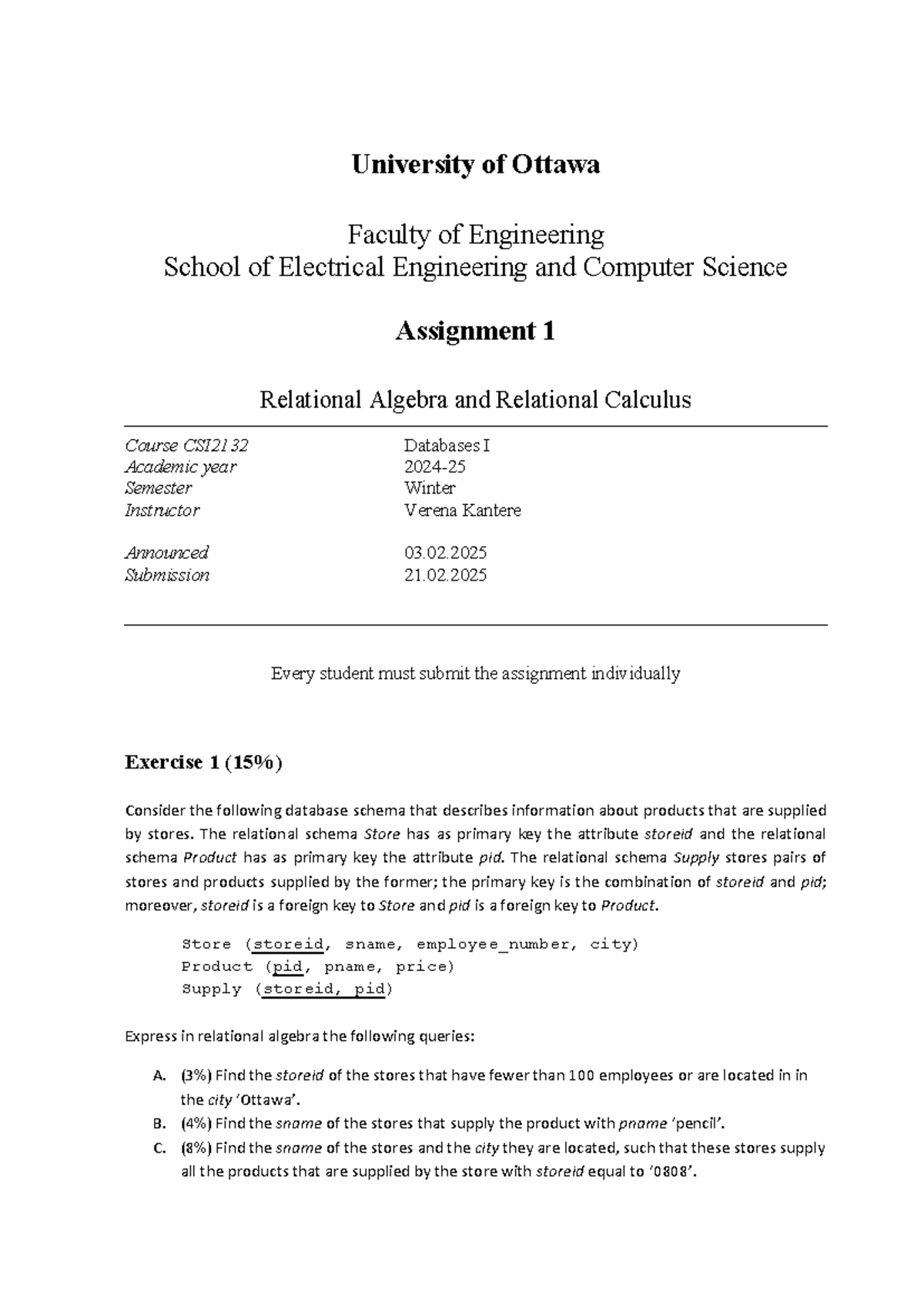 Assignment 1 - Relational Algebra - 8191716 - University of Ottawa ...