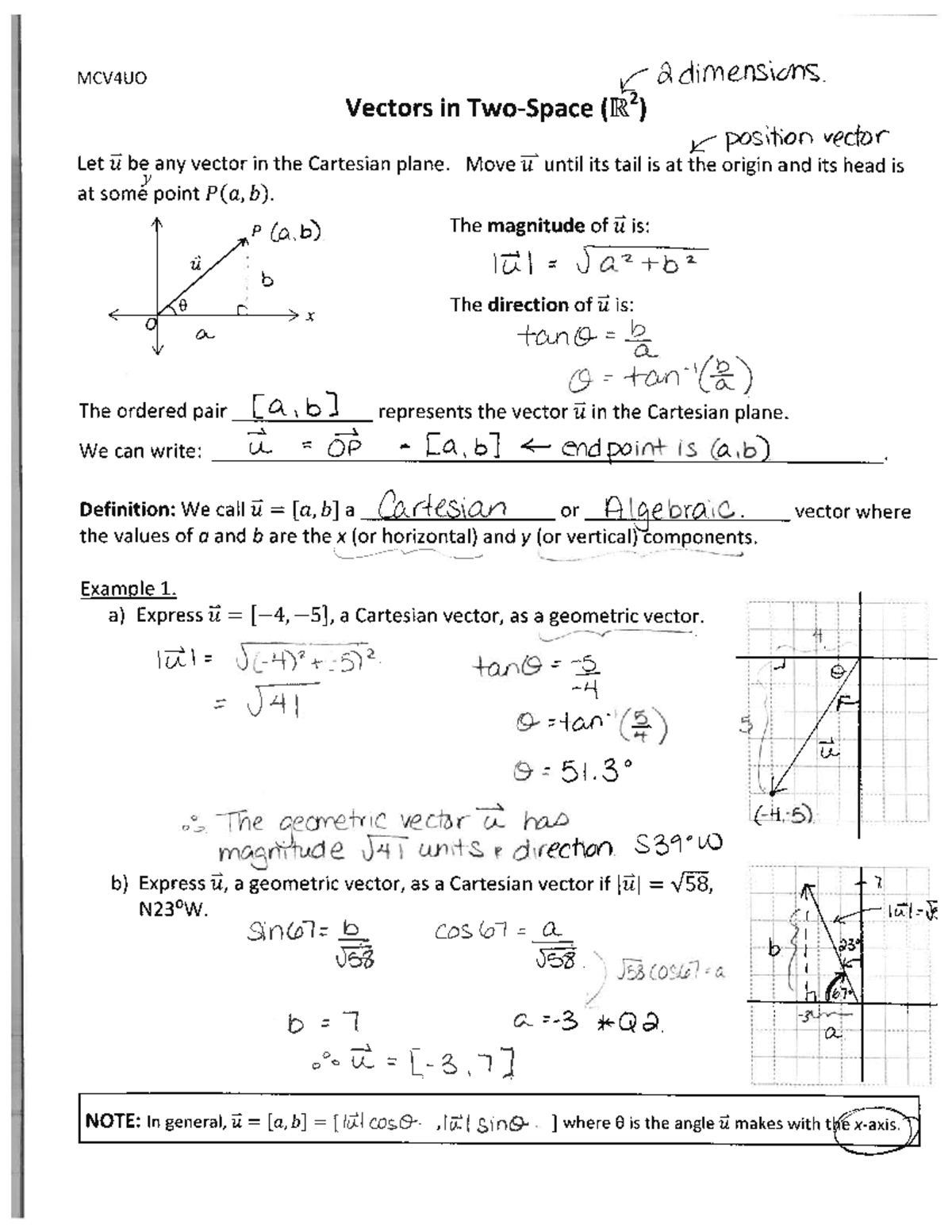 MCV4UO Algebraic Vectors in 2D Plane Lesson Solutions - Studocu