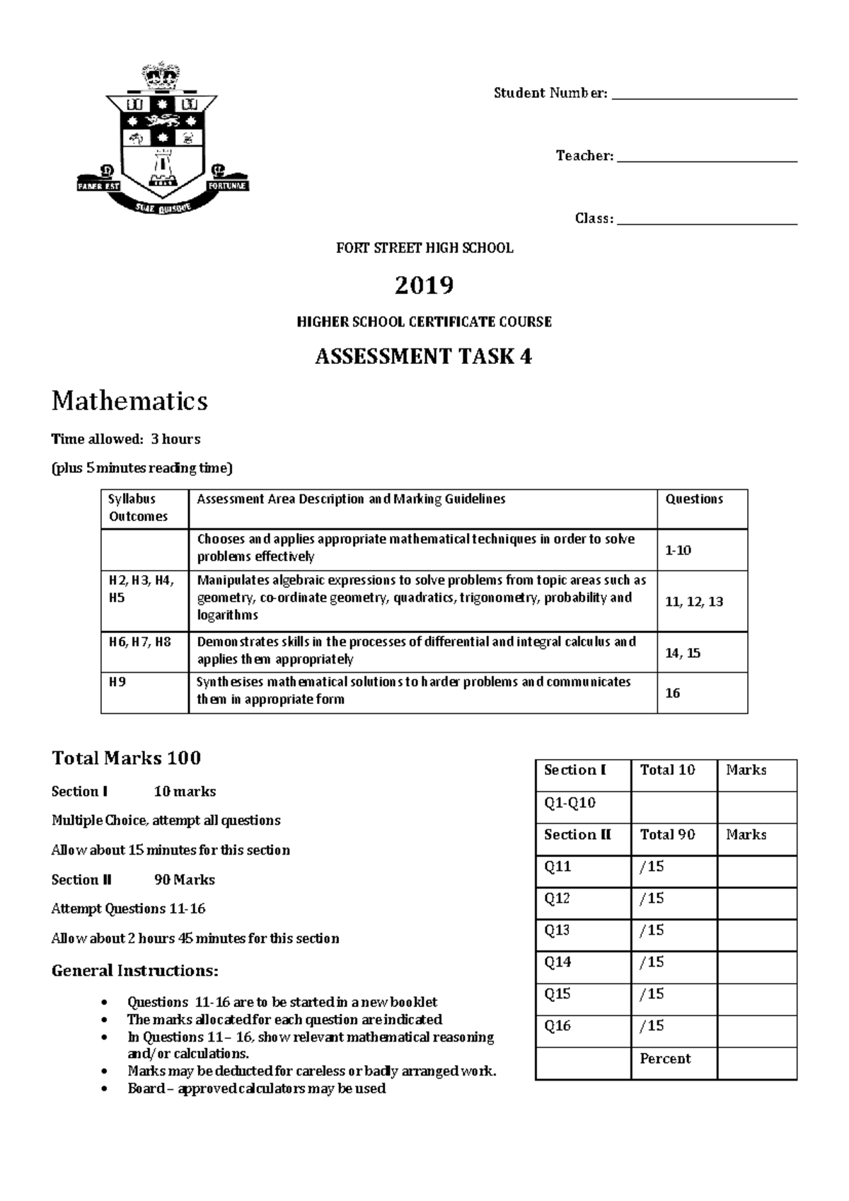 Fort St 2019 HSC Mathematics Assessment Task 4 Solutions - Studocu
