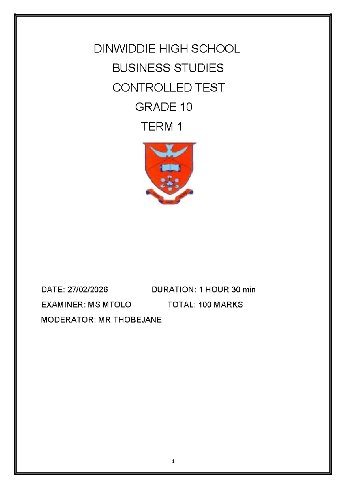 2026 Business Studies Grade 10 Term 1 Controlled Test - Studocu