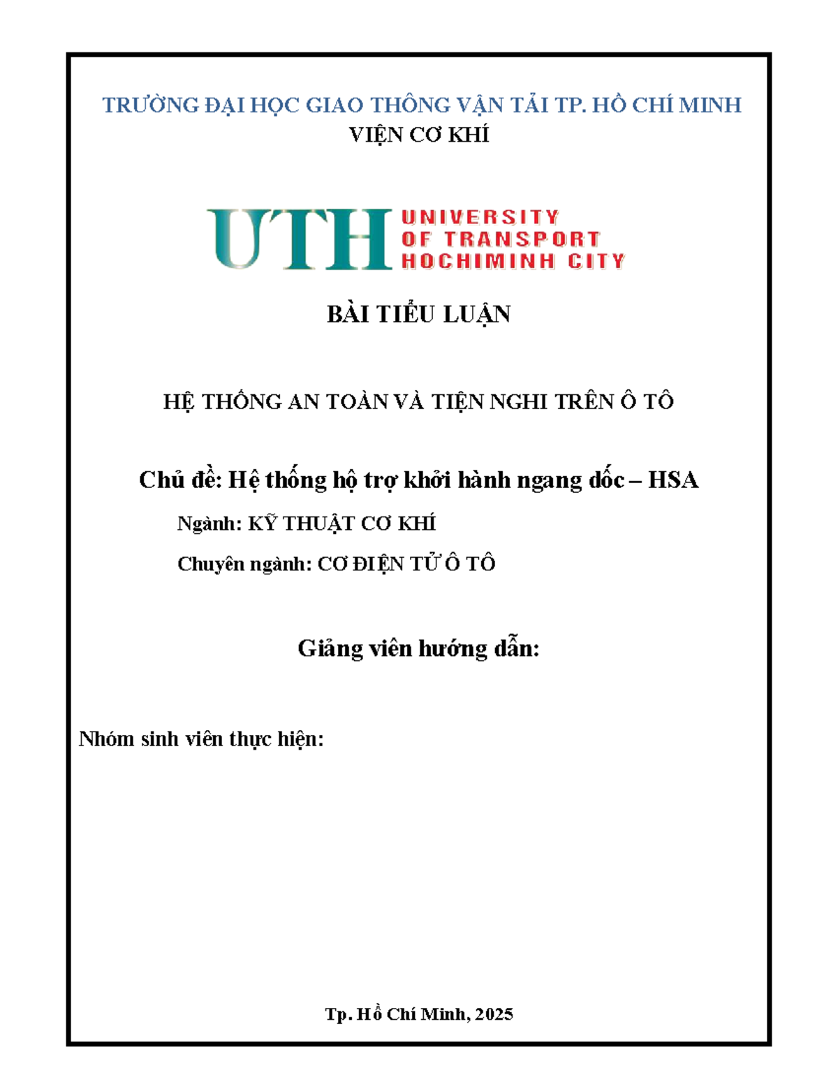 Tiểu luận Hệ thống Hỗ trợ Khởi hành Ngang Dốc HSA - Kỹ Thuật Cơ Khí - Document Preview