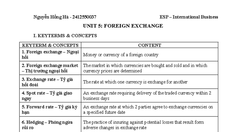 ESP International Business UNIT 5: Foreign Exchange Key Terms and ...